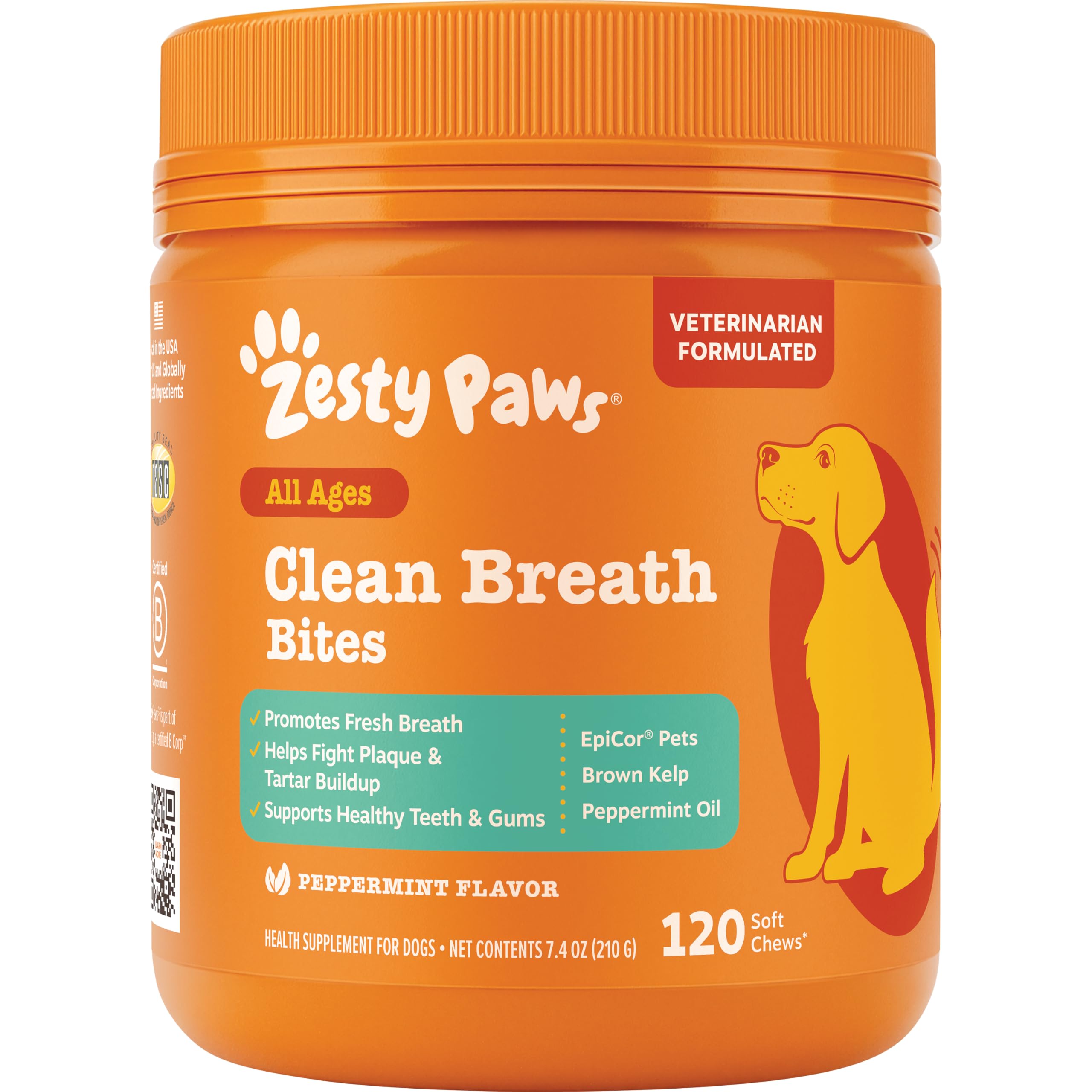 Zesty Paws Clean Breath Bites menthe, boîte 120 comprimés, routine d'haleine fraîche pour chiens.