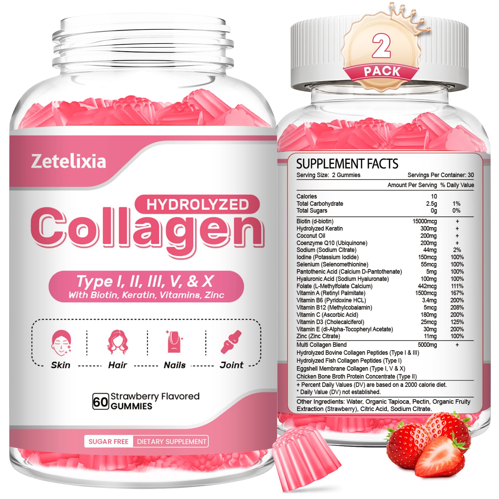 Zetelixia bonbons gélifiés au collagène 2-pack – emballage visible, soutien peau et cheveux.