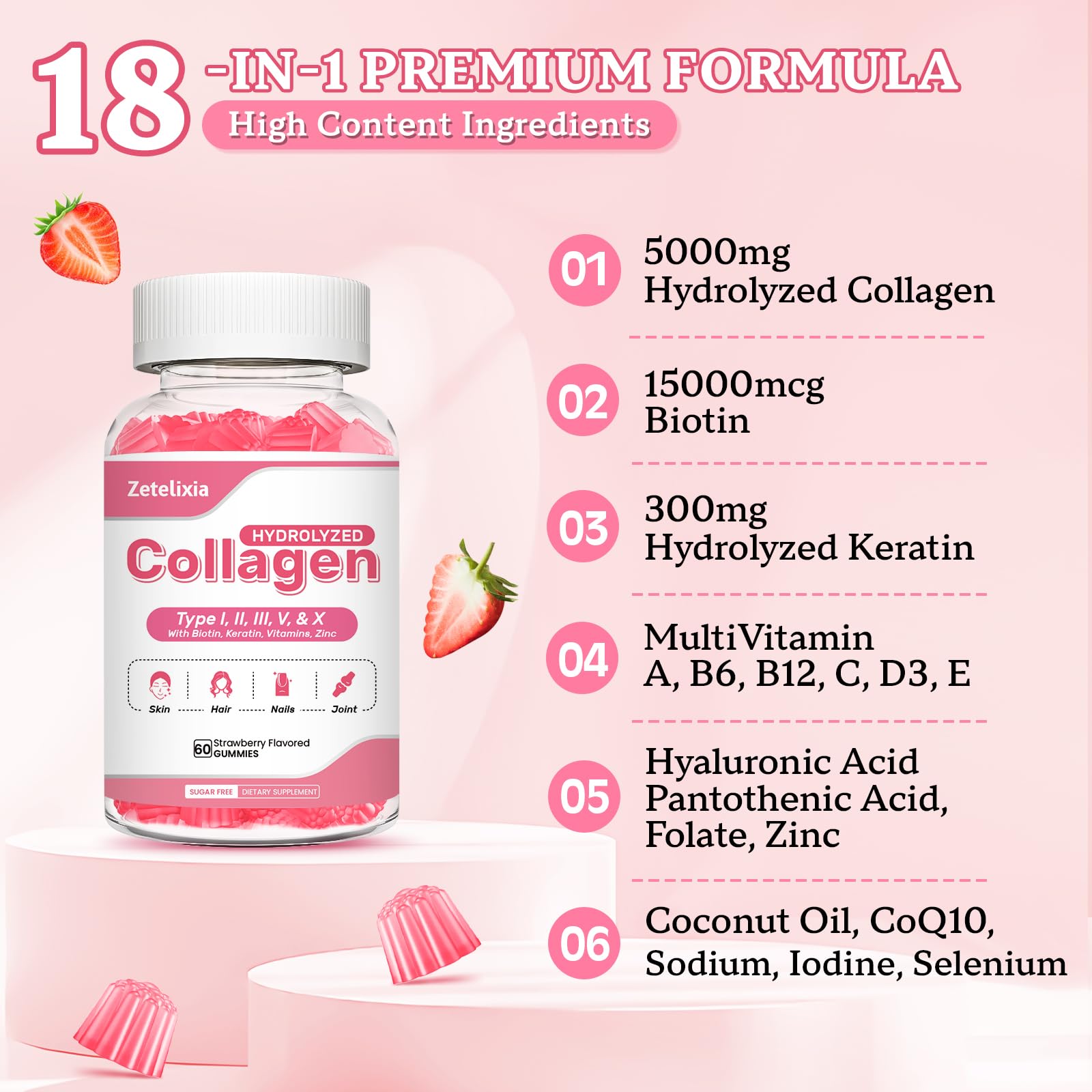 Zetelixia bonbons gélifiés au collagène – texture fraise délicieuse et agréable.