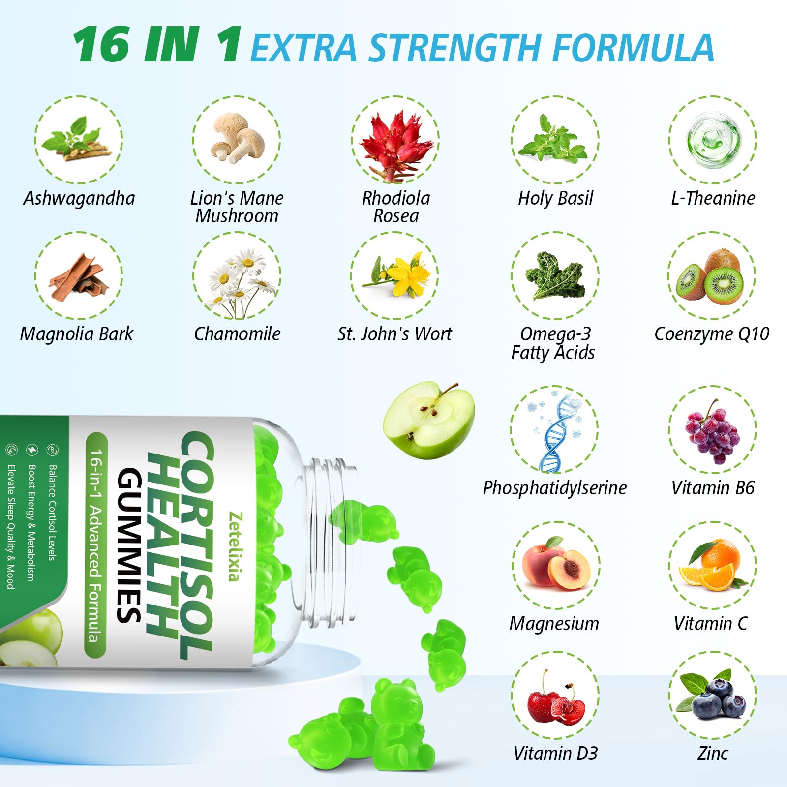 Zetelixia bouteille de gummies cortisol, facile à mâcher et pratique au quotidien.