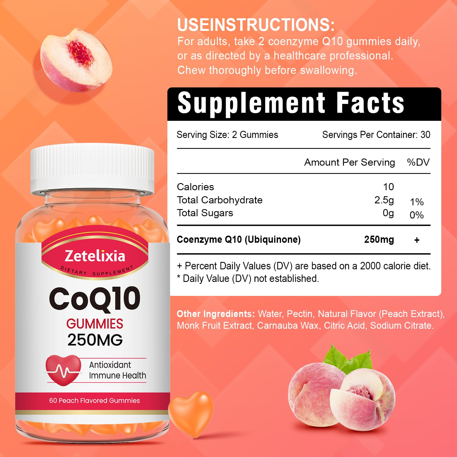 Gommes saveur pêche Zetelixia CoQ10, goût agréable et absorption possible.