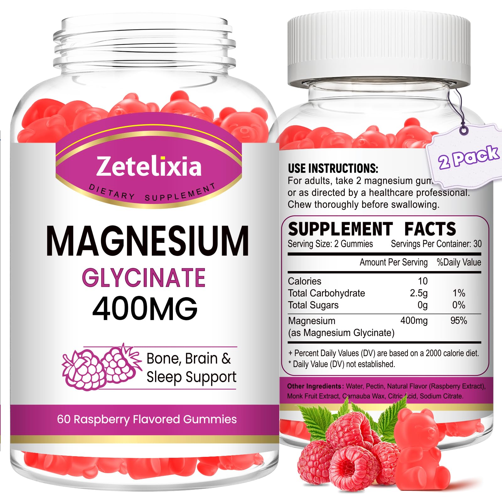Gommes Zetelixia Magnesium Glycinate emballage 2-paquets, pratique au quotidien.