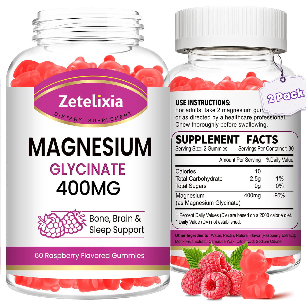 Gommes Zetelixia Magnesium Glycinate emballage 2-paquets, pratique au quotidien.