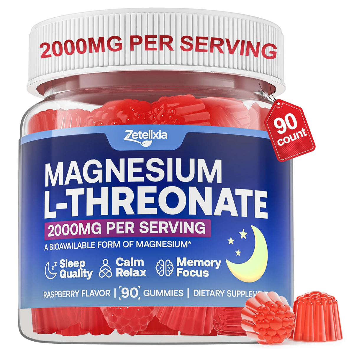 Gummies Zetelixia L-Thréonate 2000 mg en bouteille, soutien cognitif potentiel.