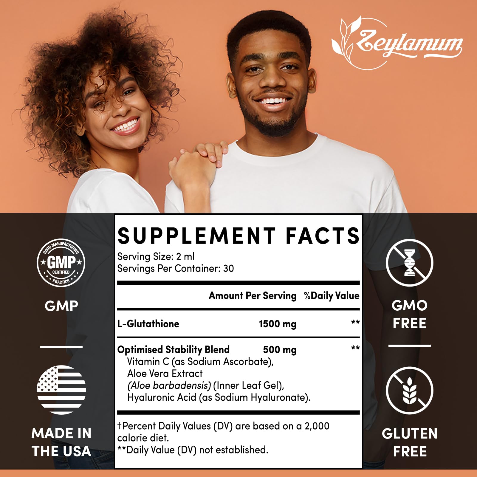 Étiquette Zeylamum affichant glutathion liposomial et vitamines pour absorption optimale
