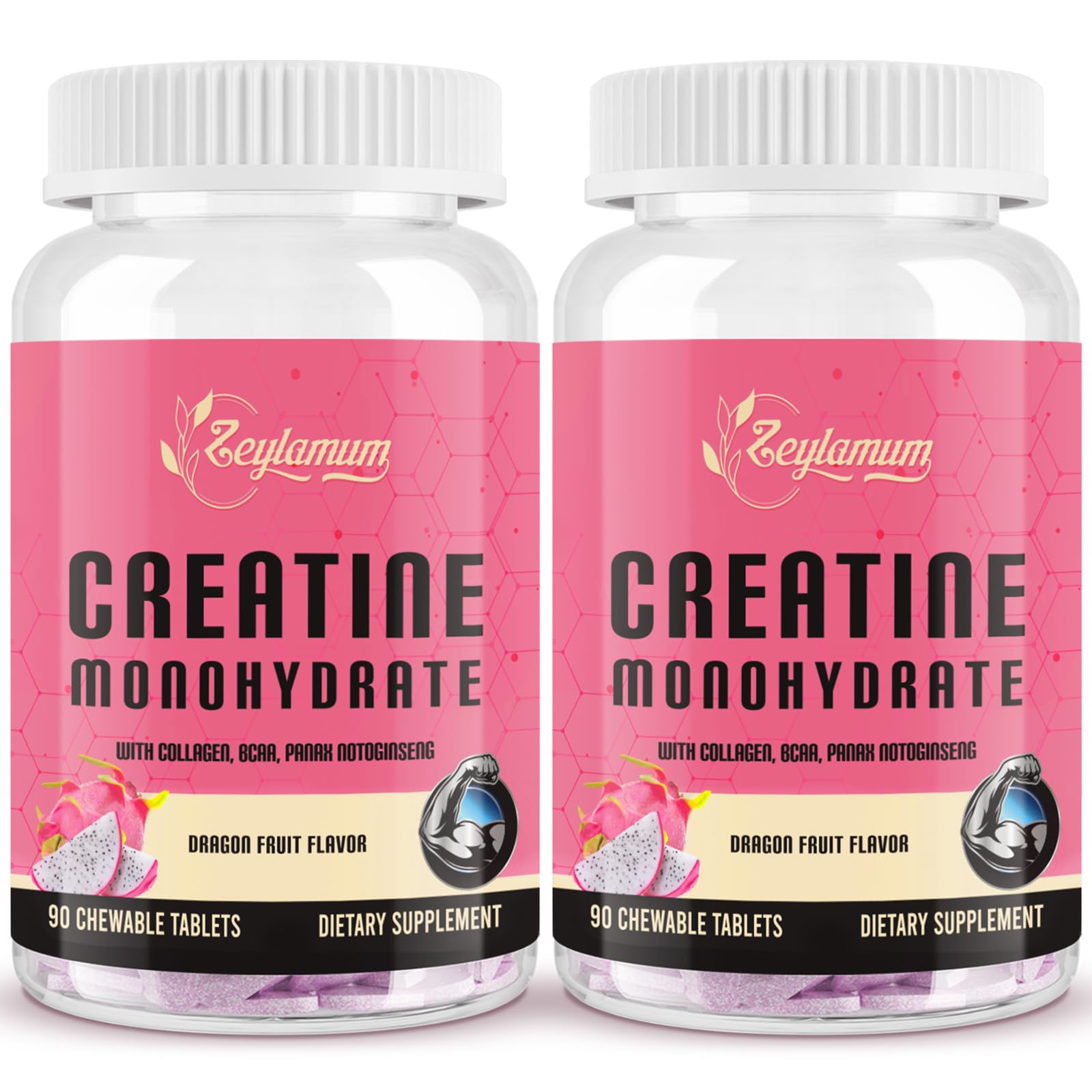 Zeylamum Créatine pour femmes – tablettes à mâcher au goût fruit du dragon, pratique.