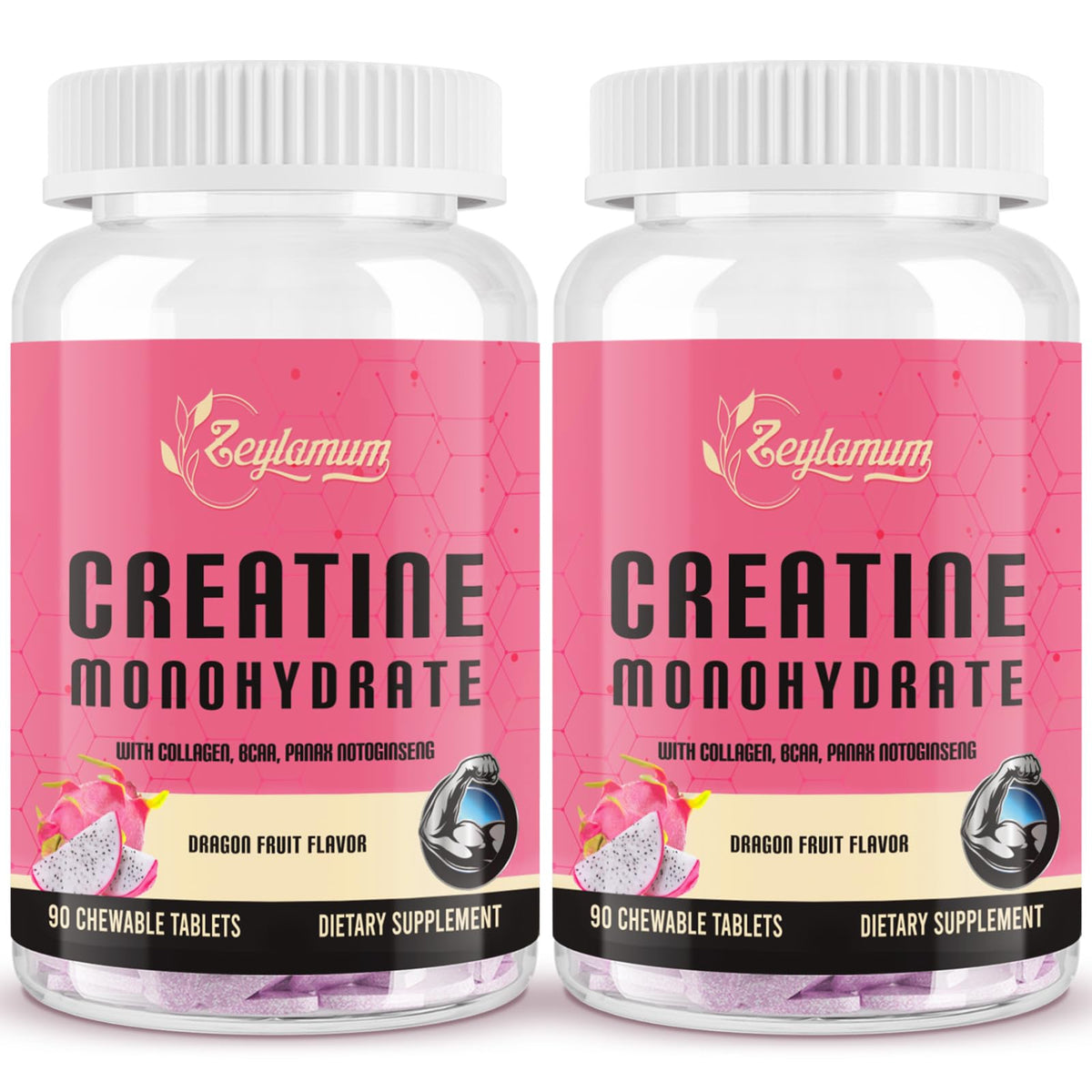 Zeylamum Créatine pour femmes – tablettes à mâcher au goût fruit du dragon, pratique.