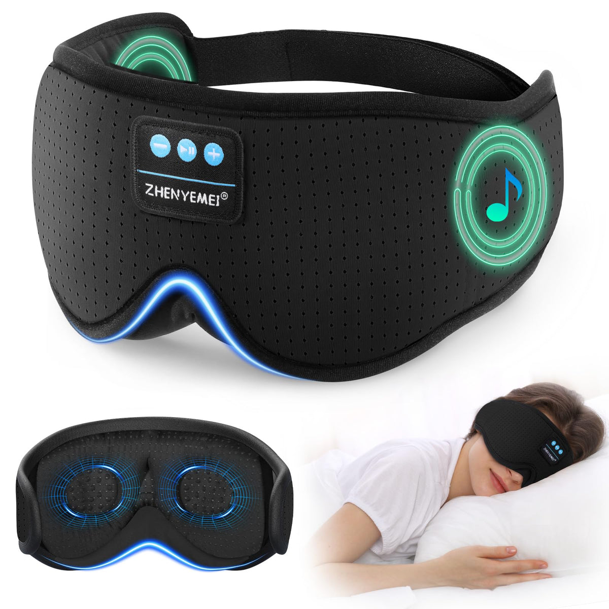 ZHENYEMEI masque yeux 3D avec écouteurs Bluetooth pour relaxation nocturne.