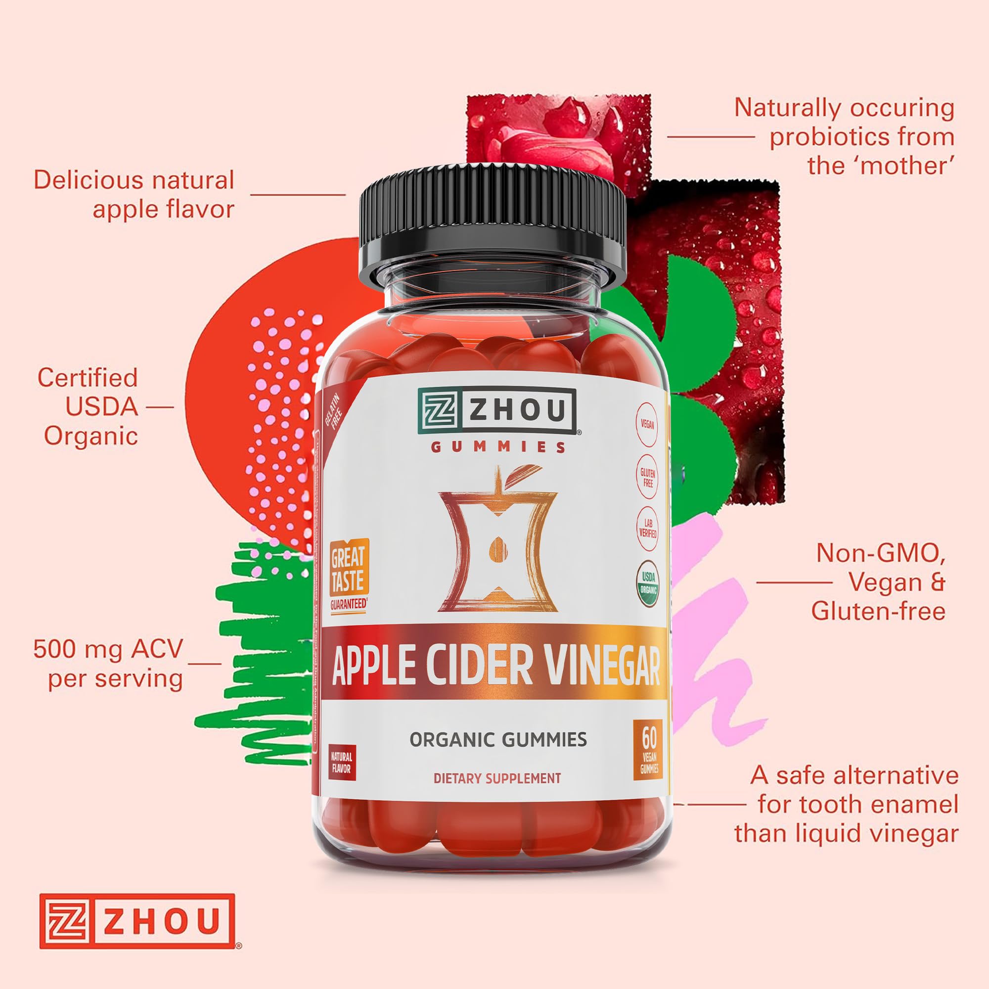 Ingrédients naturels Zhou ACV Gummies, saveur fruitée et sans gluten.