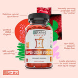 Ingrédients naturels Zhou ACV Gummies, saveur fruitée et sans gluten.