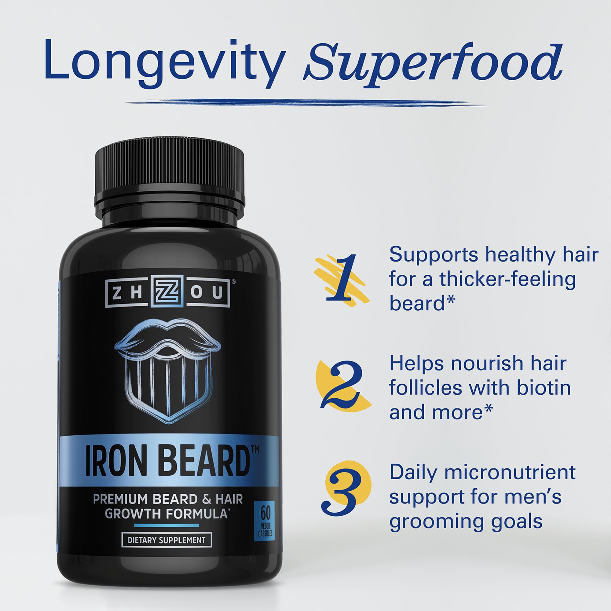 Capsules Zhou Barbe Fer en gros plan, soutien potentiel à une barbe plus dense.