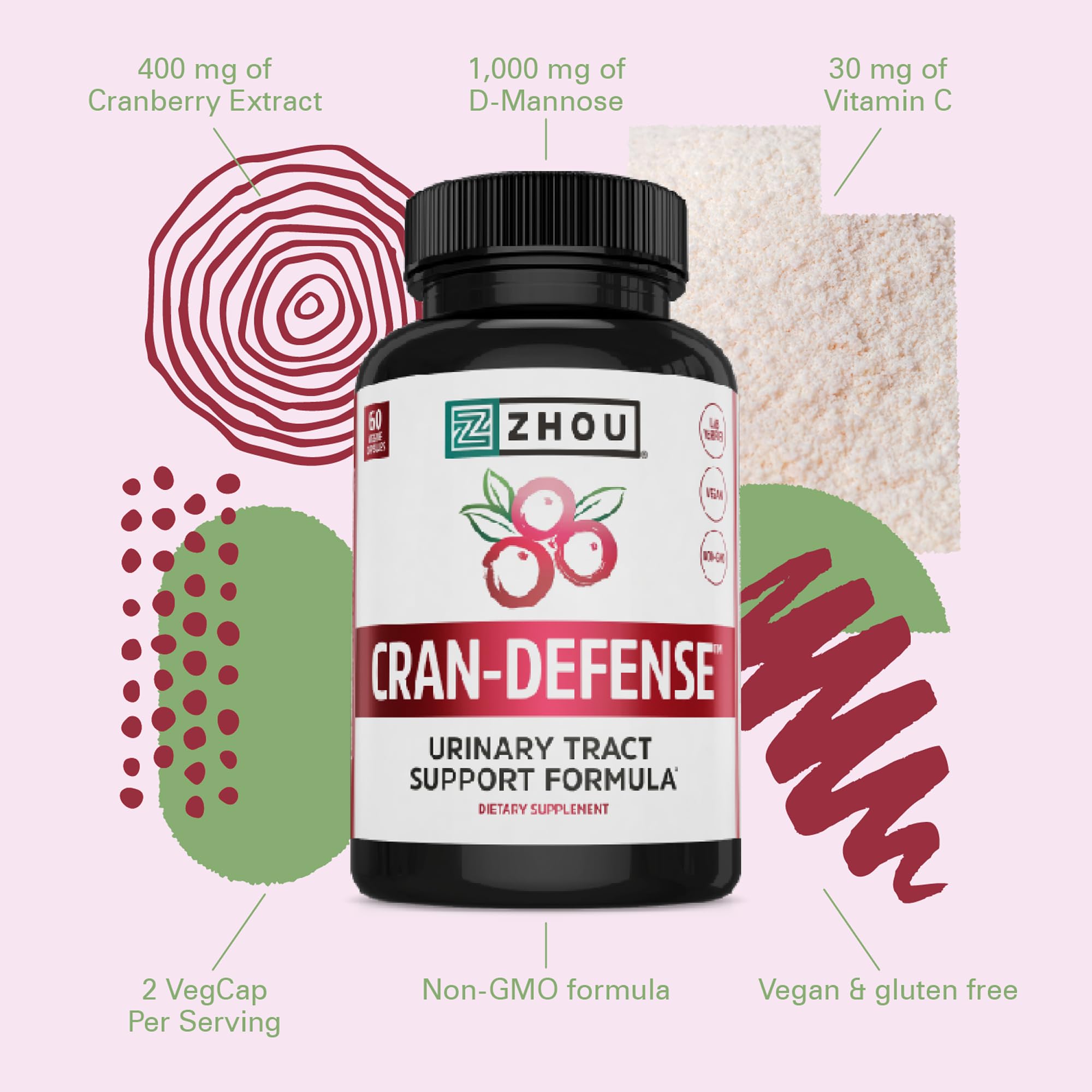 Zhou Cran-Defense : D-mannose, extrait de canneberge XBAC et vitamine C.