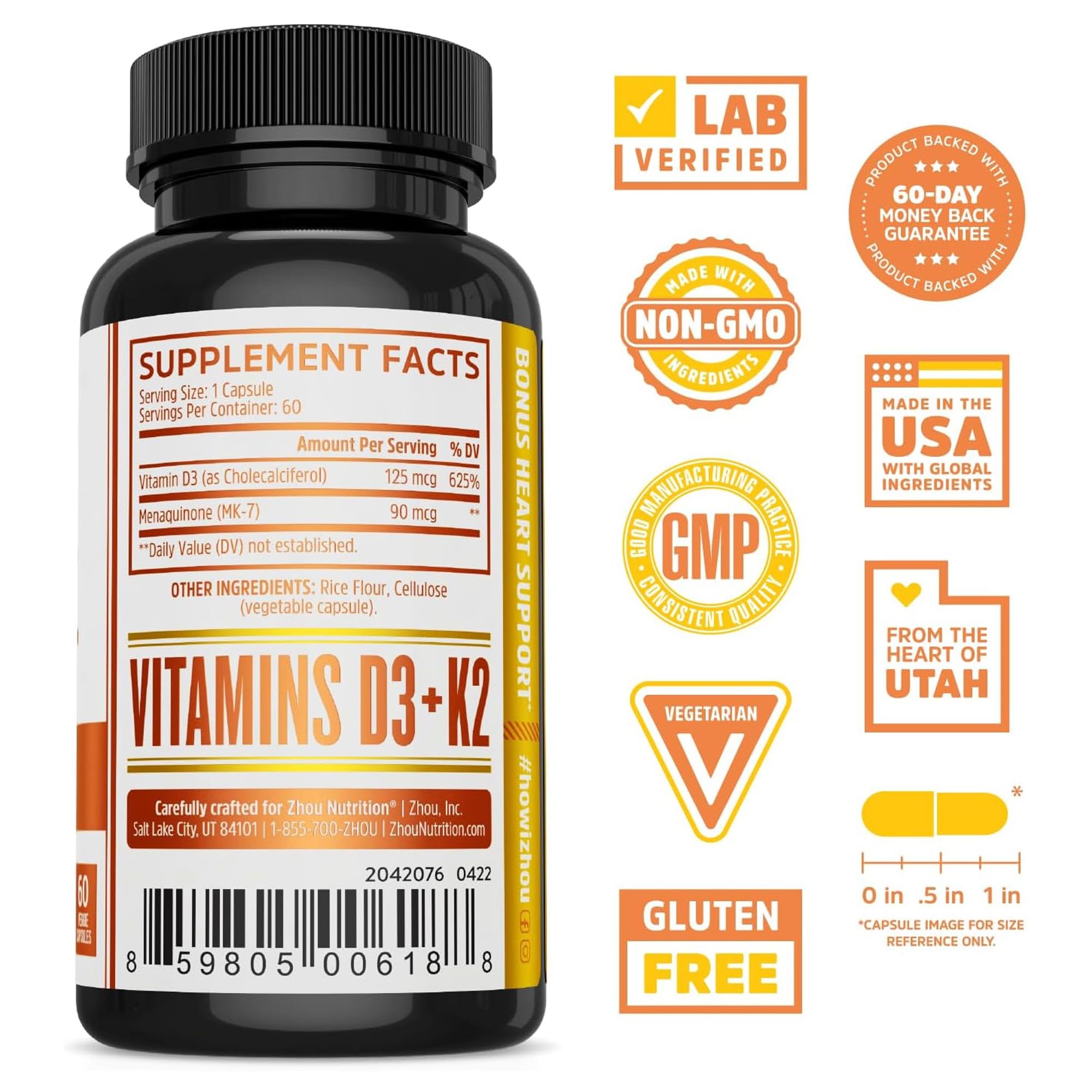 capsules végétales Zhou D3+K2, format véganes pour une consommation facile.
