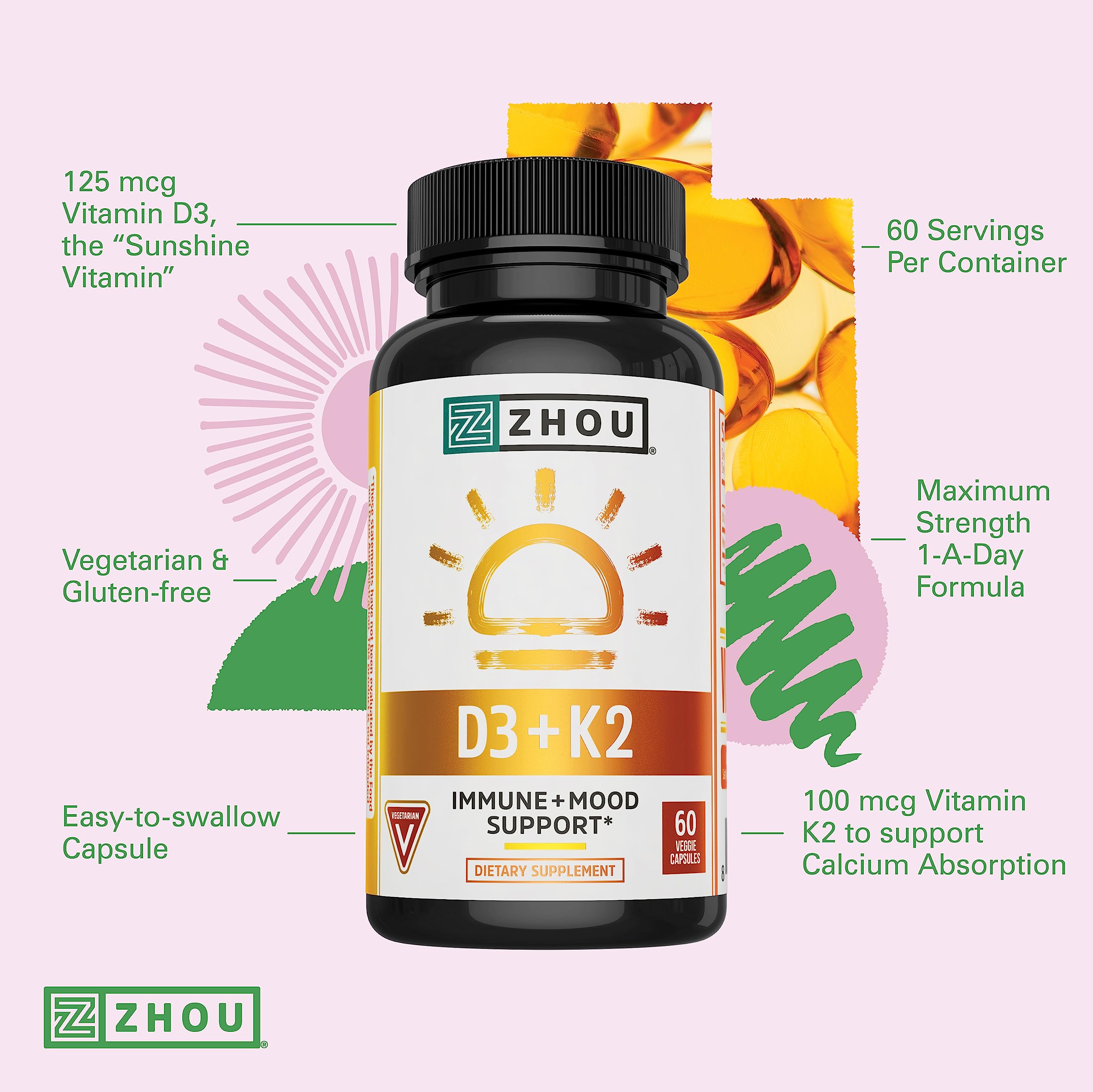 ZHOU D3+K2 : capsules végétales prêtes à l’ingestion au petit-déjeuner.