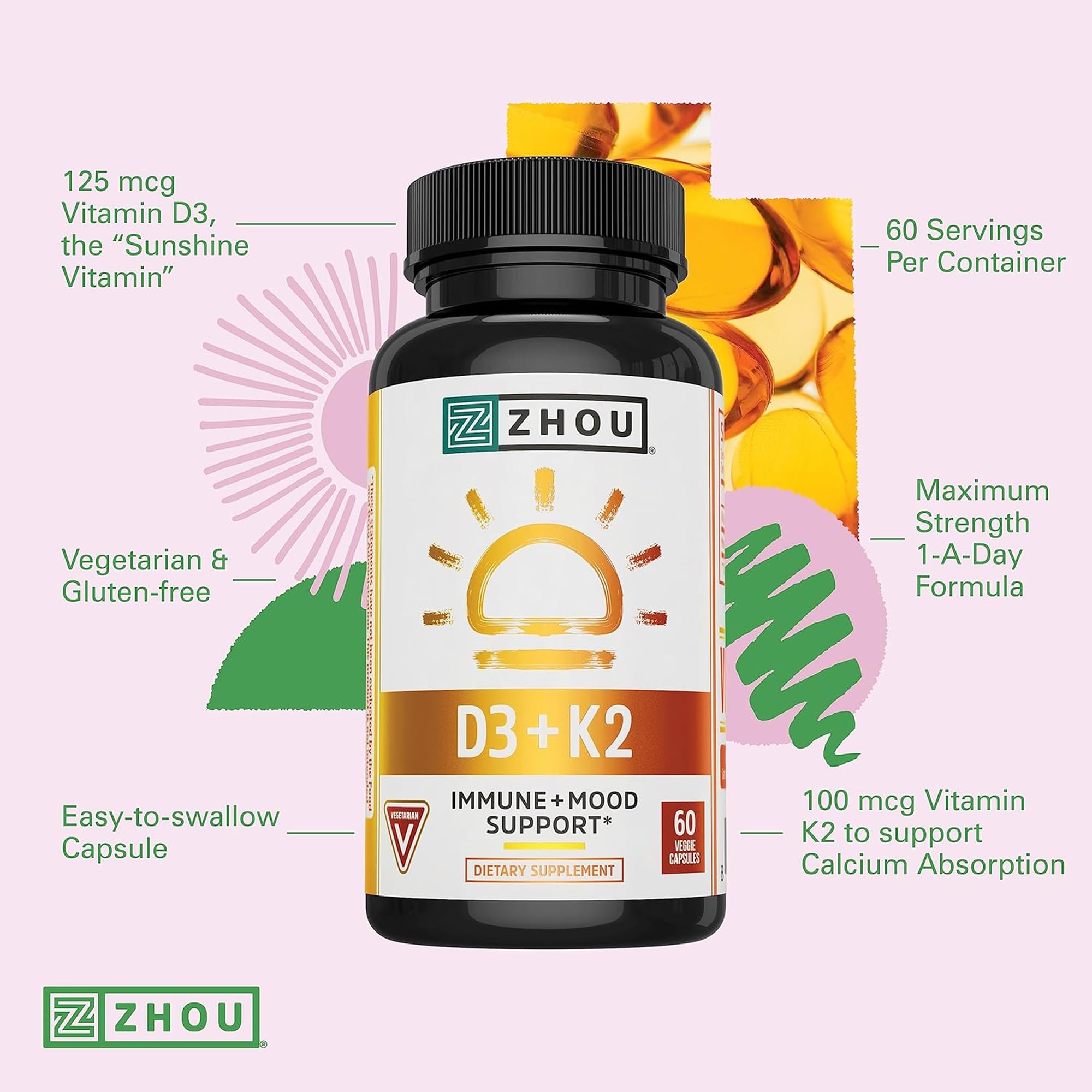étiquette lisible Zhou D3+K2, source MK-7 et D3, simplicité d'utilisation.
