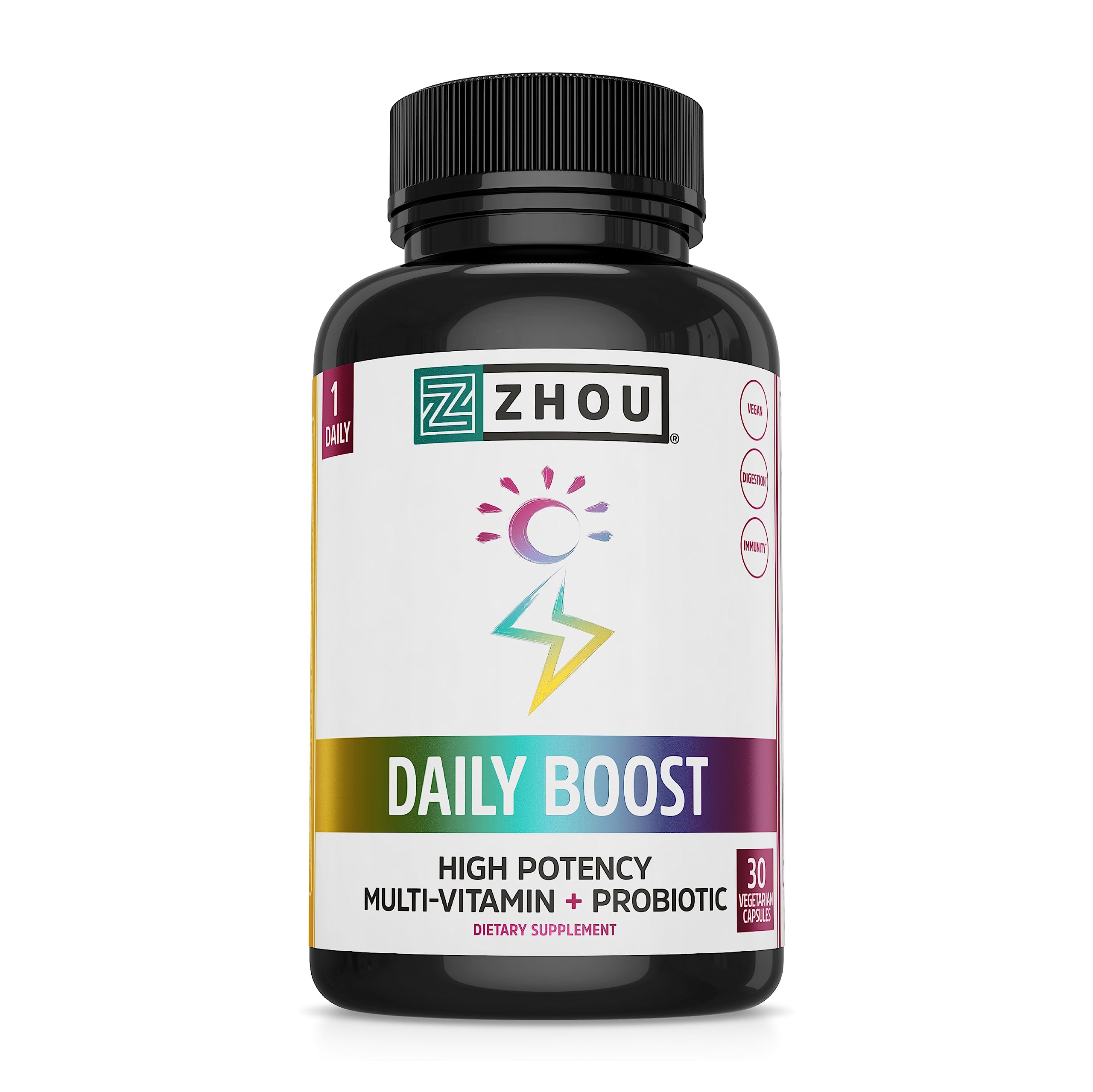 ZHOU Daily Boost montre la bouteille ouverte prête à un apport sain et pratique.