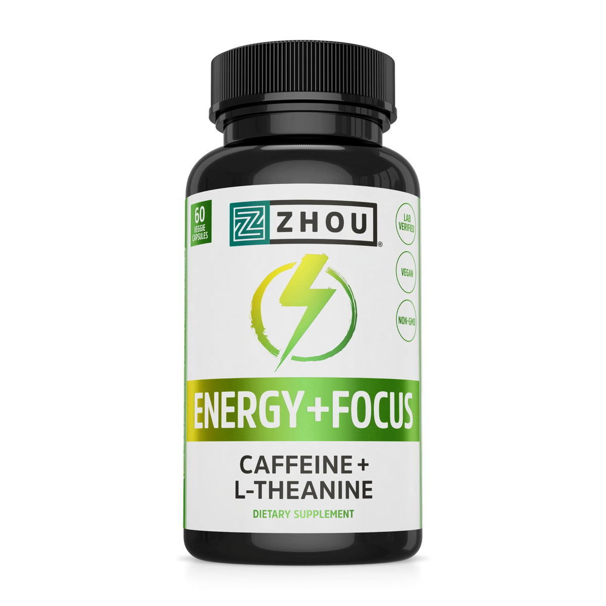 Zhou Energy + Focus – bouteille de capsules véganes pour une énergie durable.