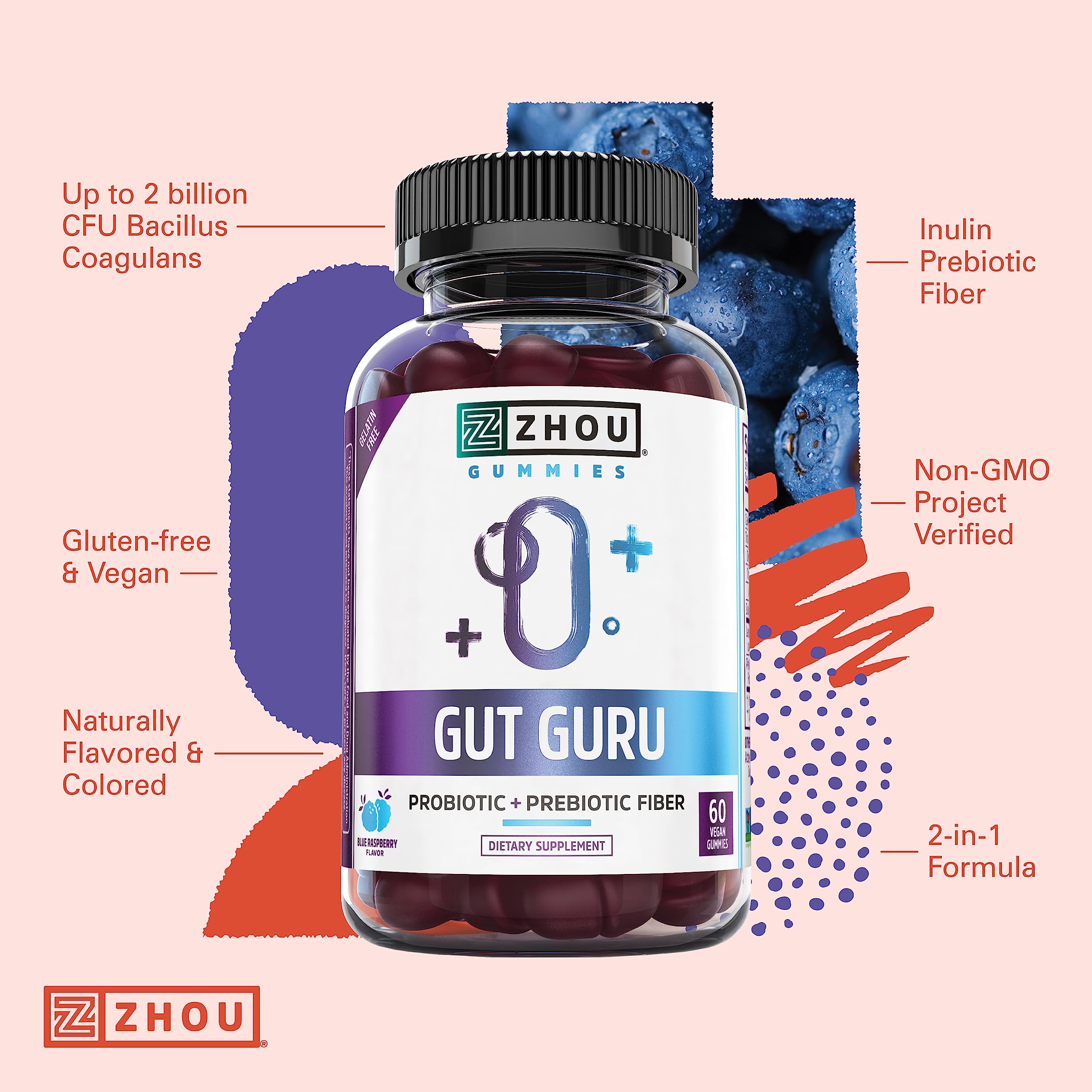 Gommes Zhou Gut Guru, ingrédients prébiotiques et probiotiques pour le bien-être intestinal