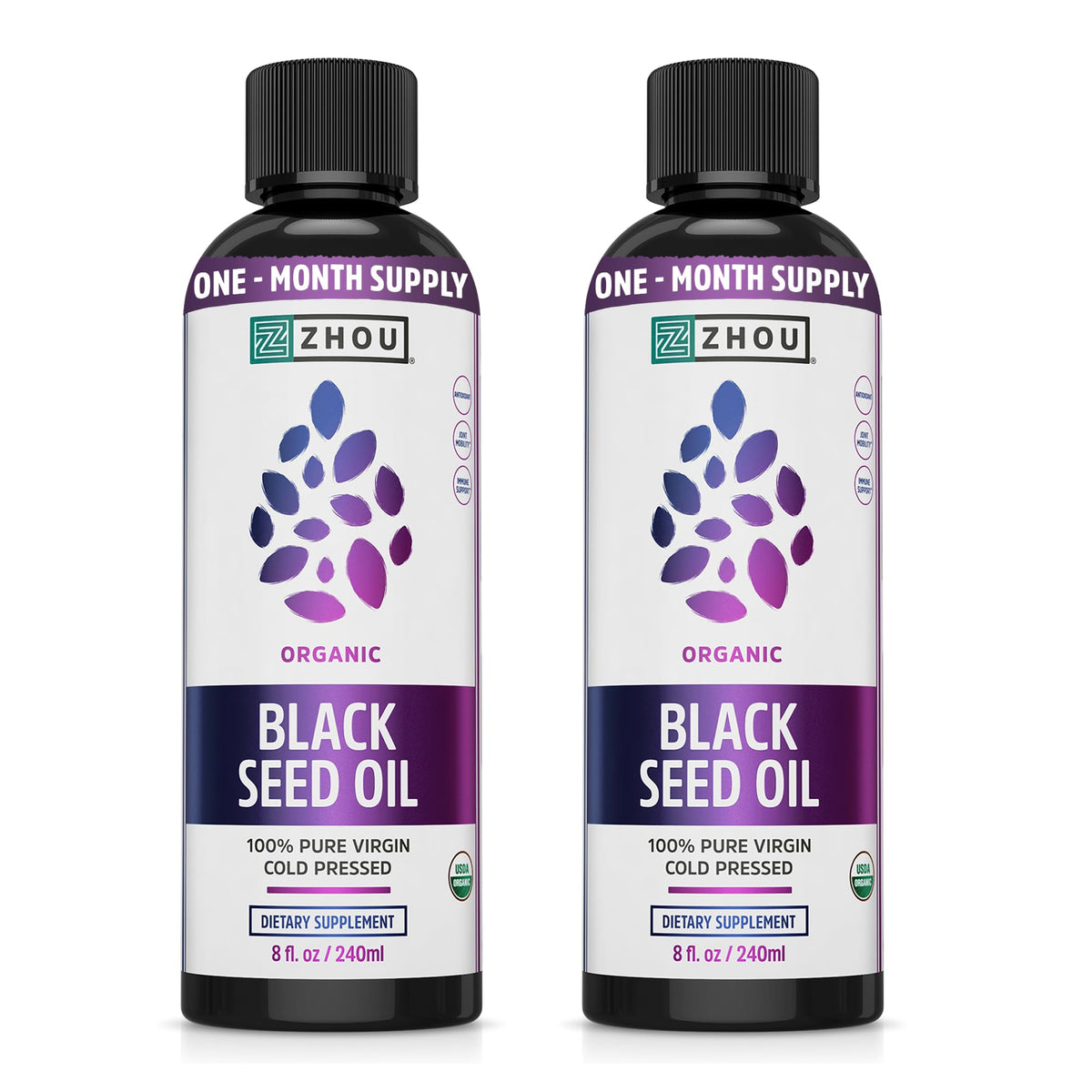ZHOU huile noire de graines – bouteille verre ambree, riche en oméga et antioxydants pour la routine sante.