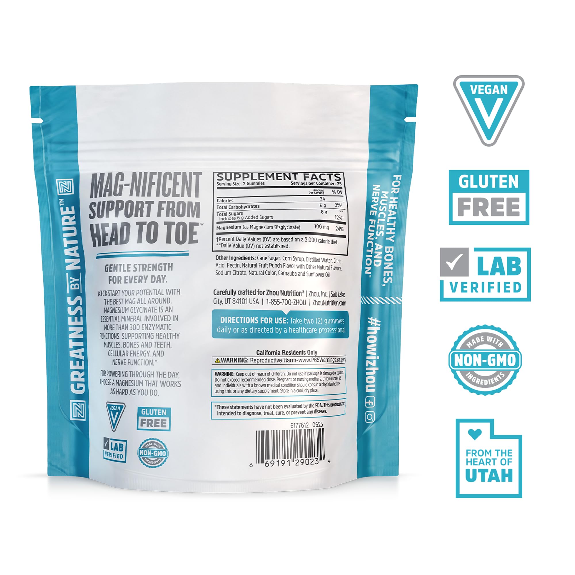 Deux gummies Zhou Mag Gly montrent la dose quotidienne recommandée pour rester actif.
