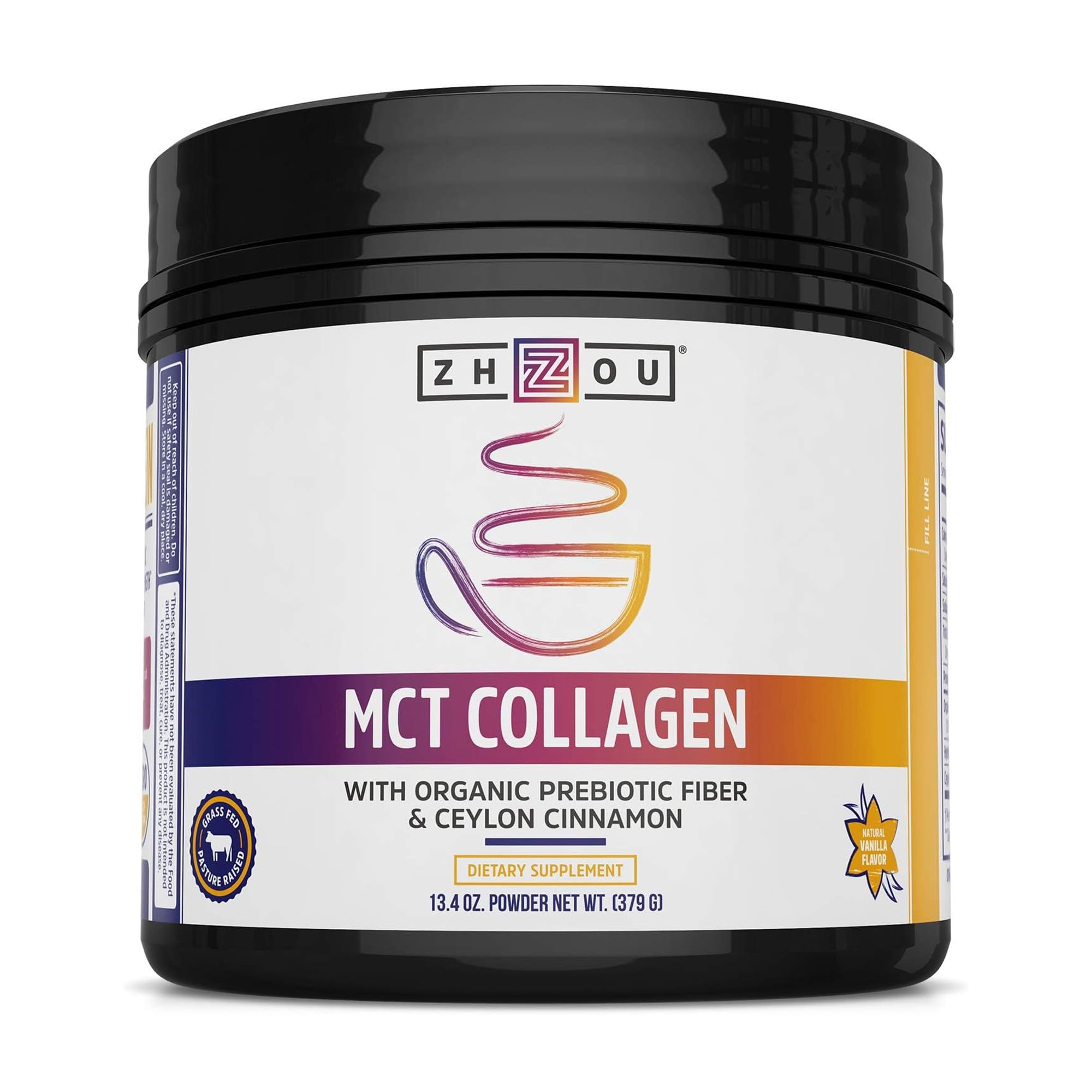 ZHOU MCT Collagen: bouteille affichant vanille naturelle, soutien possible pour cheveux et peau.