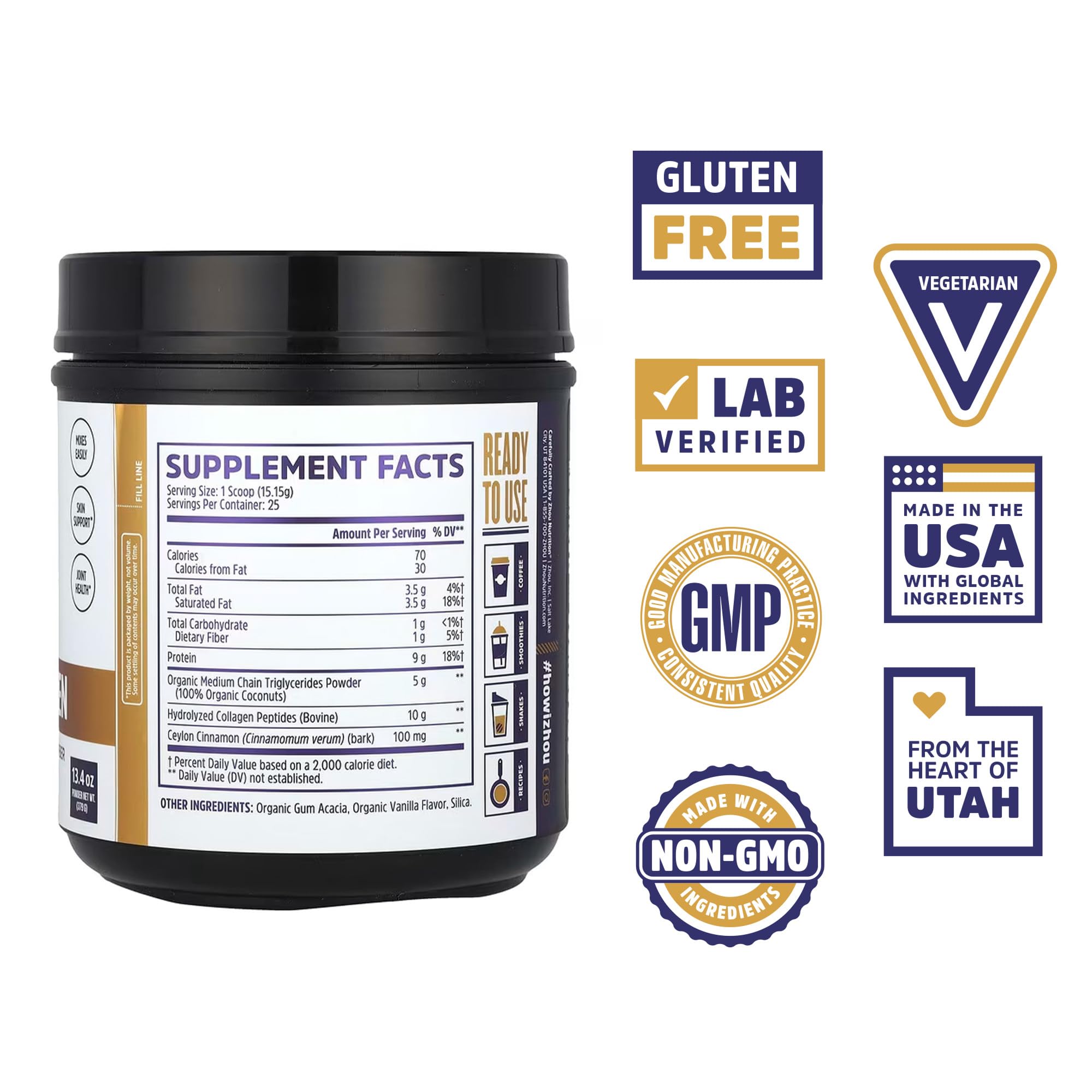 ZHOU MCT Collagen: cuillère doseuse montrant poudre prête à mélanger.
