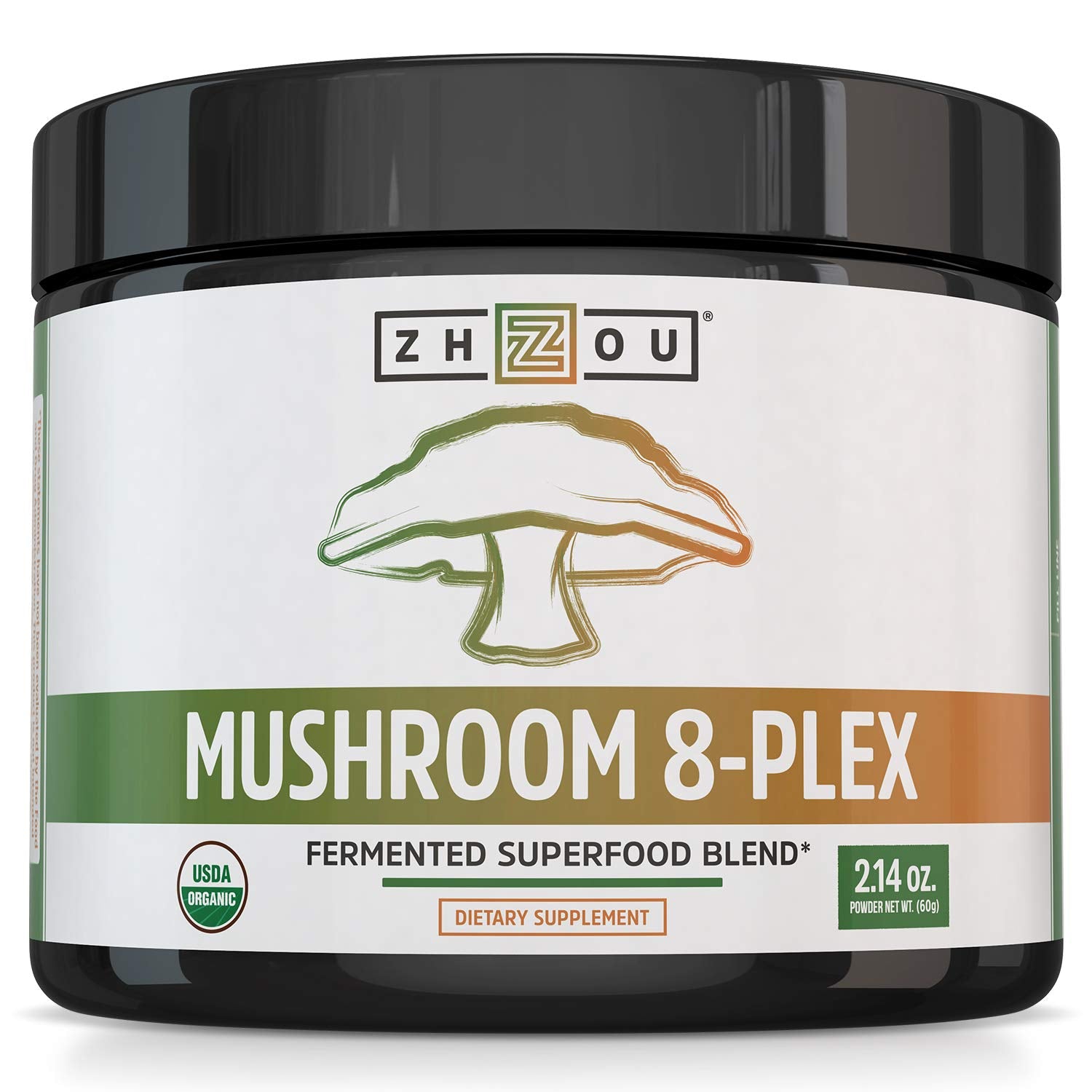 ZHOU Mushroom 8-Plex emballage et flacon, énergie naturelle.