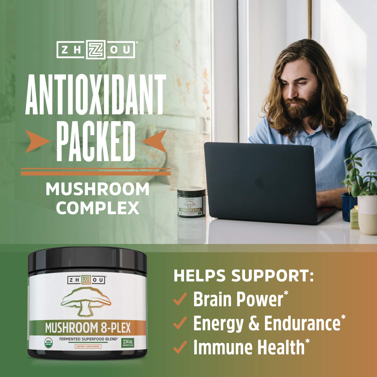 ZHOU Mushroom 8-Plex mélange champignons riches en antioxydants.