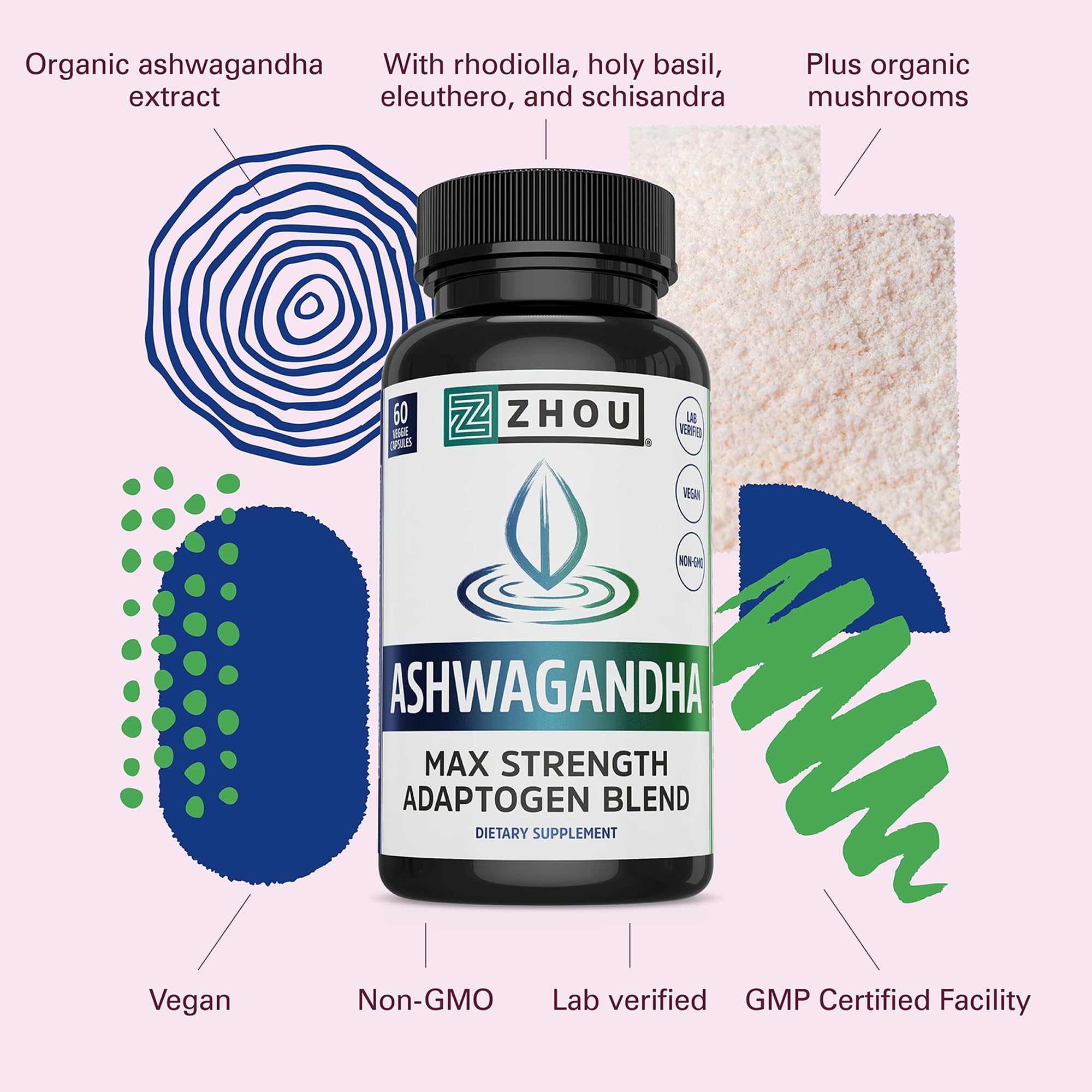 Zhou Nutrition Ashwagandha: composition naturelle d'ashwagandha et rhodiola, adaptogène.