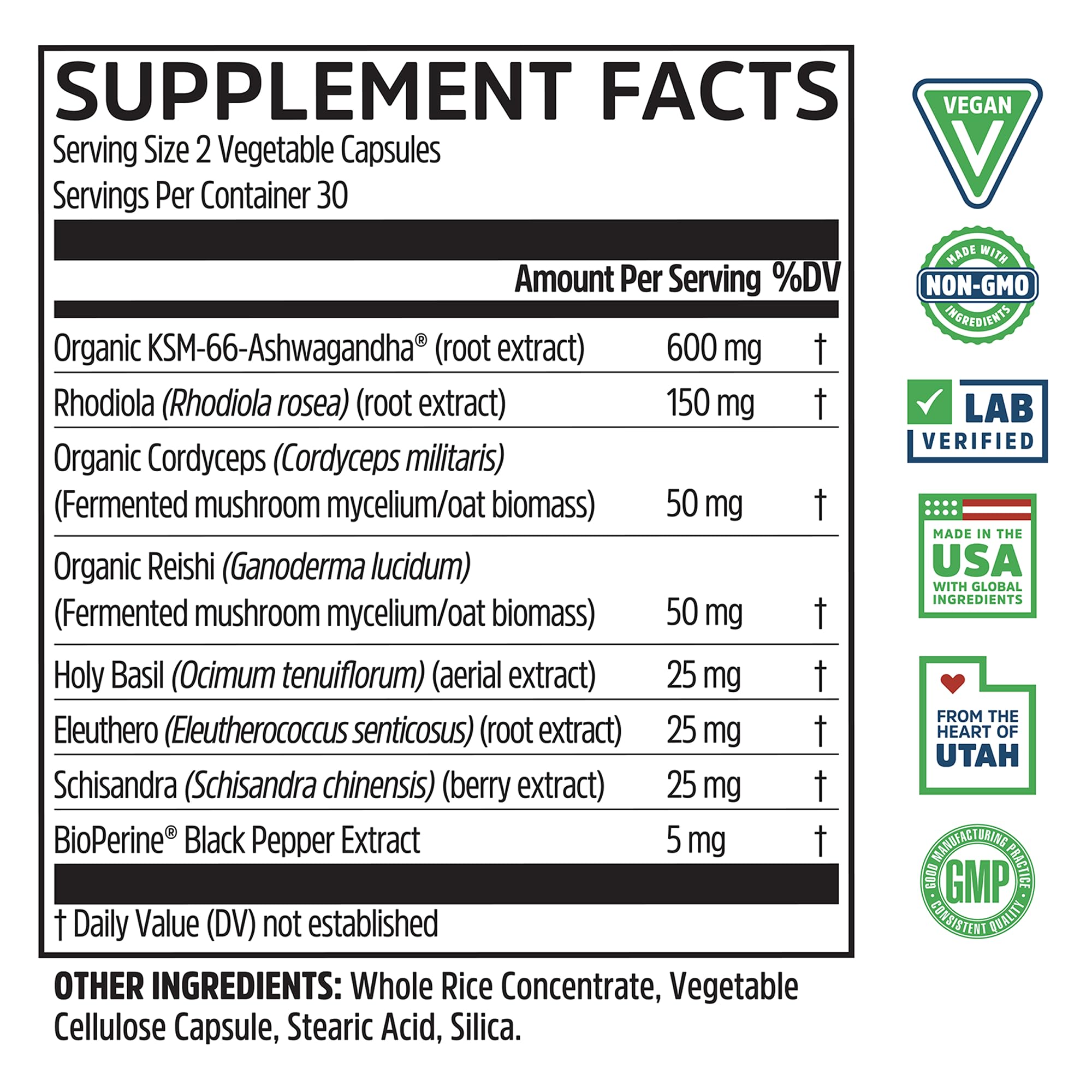 Zhou Nutrition Ashwagandha: étiquette lisible, facile à intégrer à la routine quotidienne.