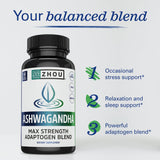 Zhou Nutrition Ashwagandha: gros-plan sur les capsules, soutien calme et concentration.