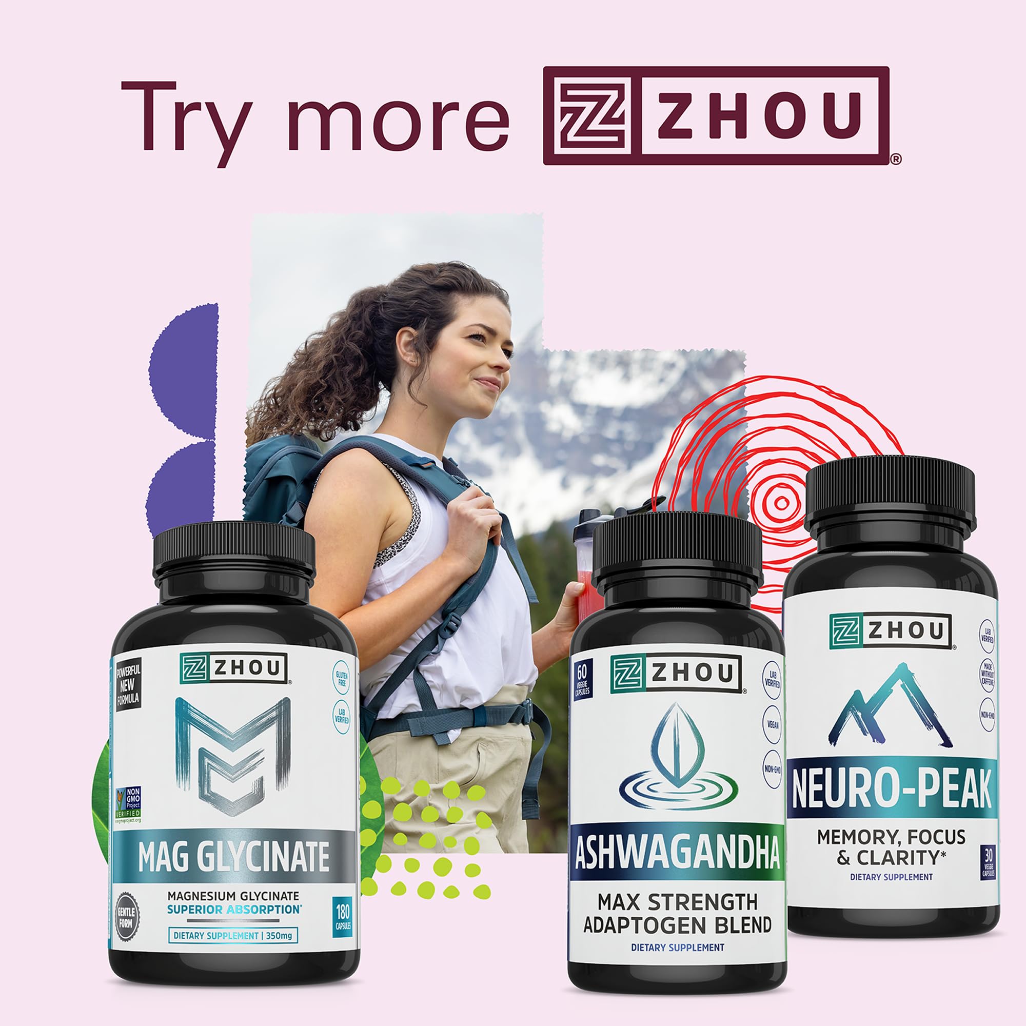 Zhou Nutrition Ashwagandha: emballage clair, aide potentielle à gérer le stress occasionnel.