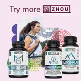 Zhou Nutrition Ashwagandha: emballage clair, aide potentielle à gérer le stress occasionnel.