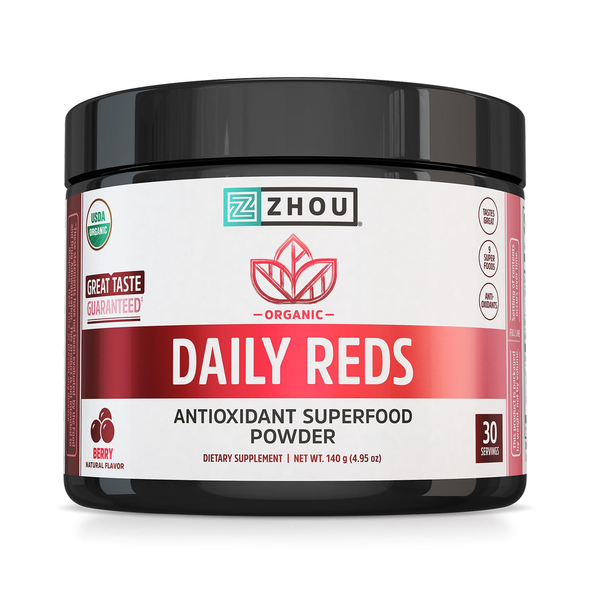 Poudre rouge biologique Zhou dans une bouteille-doseur pour un apport antioxydant quotidien.