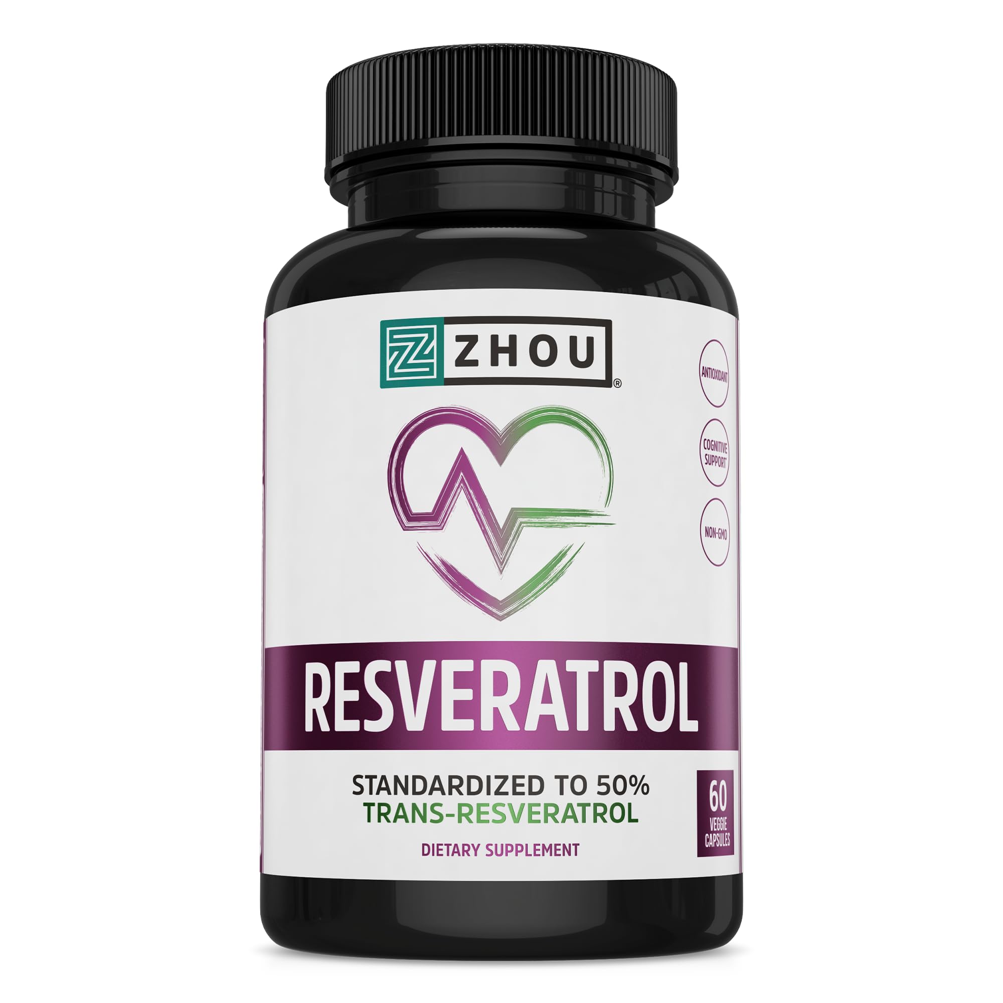ZHOU Résveratrol — bouteille: soutien potentiel de la santé cardiaque et de la circulation.