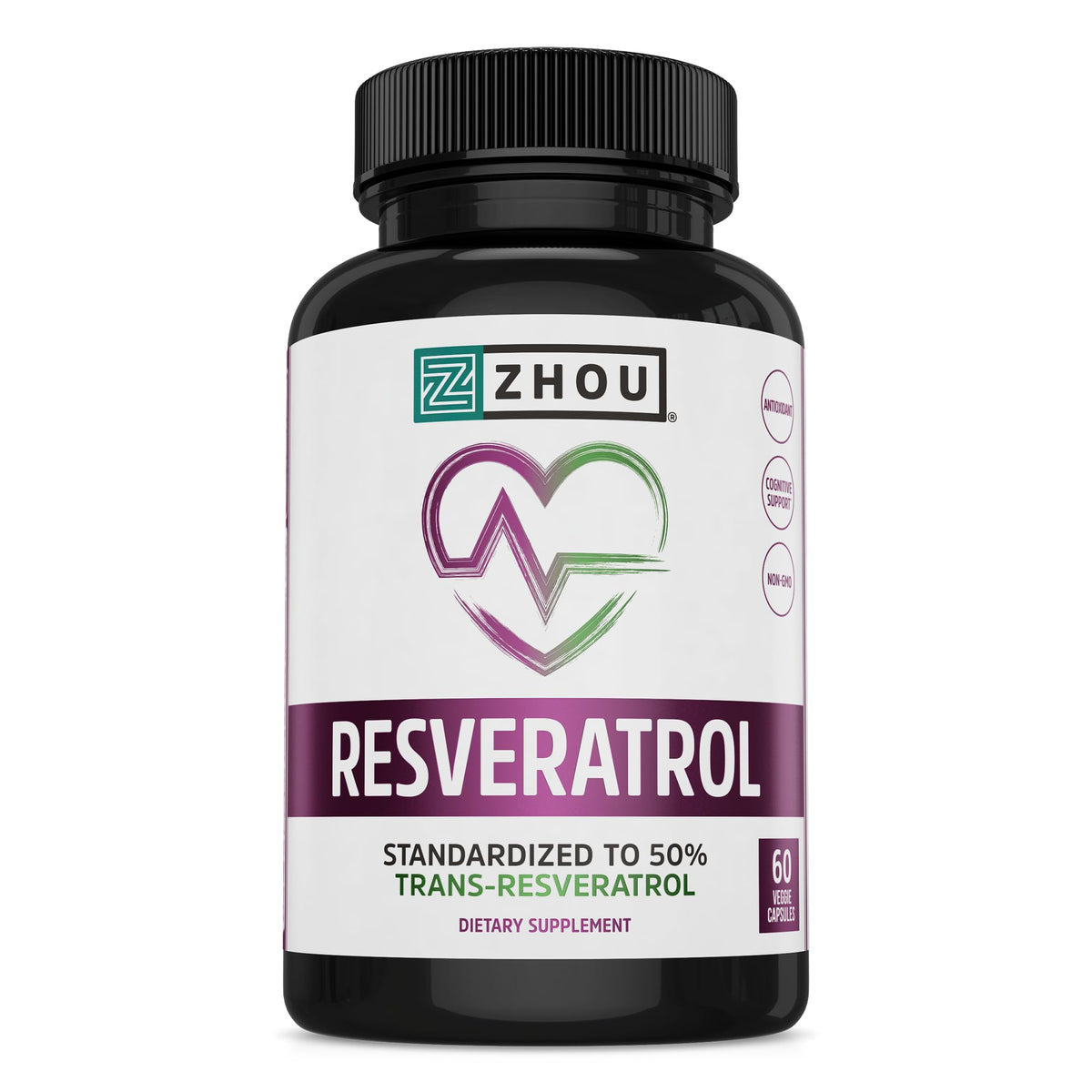ZHOU Résveratrol — bouteille: soutien potentiel de la santé cardiaque et de la circulation.