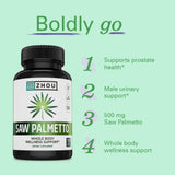 ZHOU Saw Palmetto 500 mg – etiquette claire indiquant les ingrédients et la traçabilité.