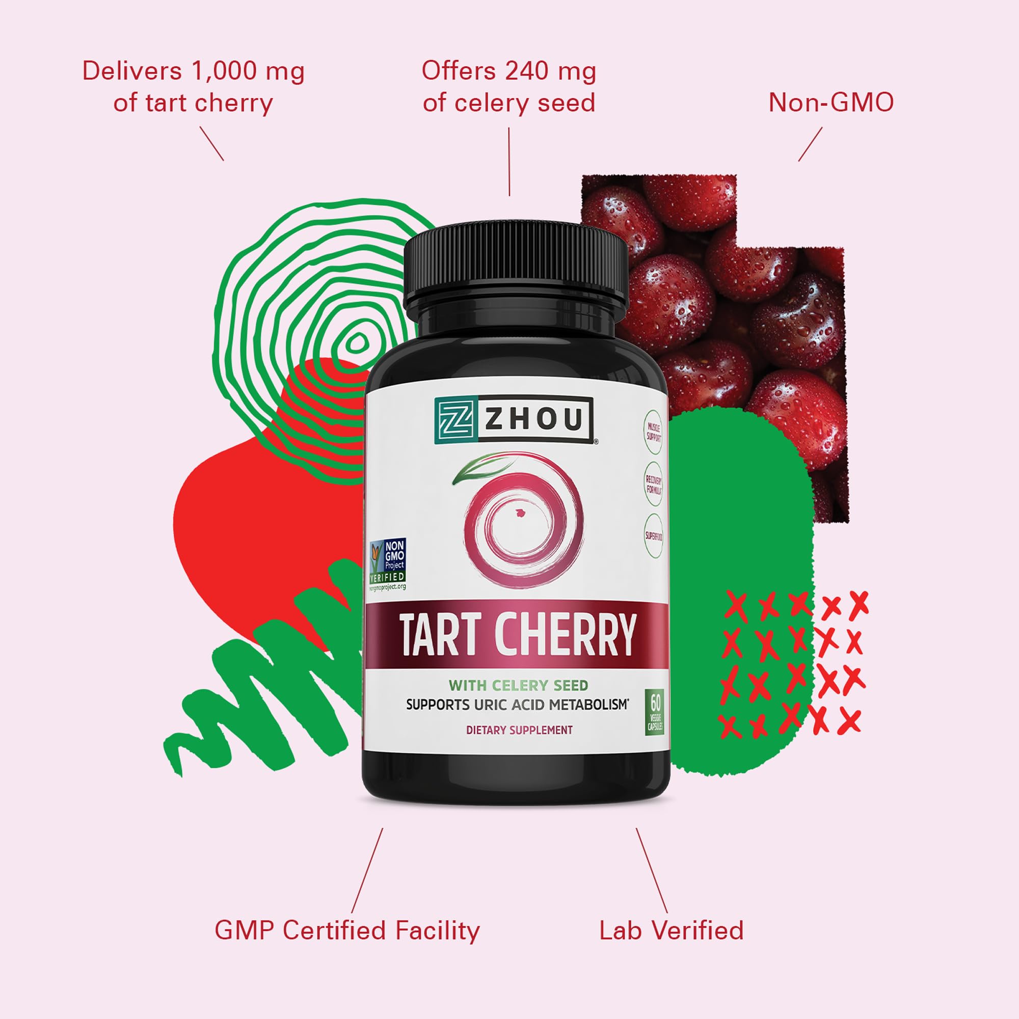 Ingrédients Zhou Tart Cherry Extract, cerises et céleri visibles dans l'emballage