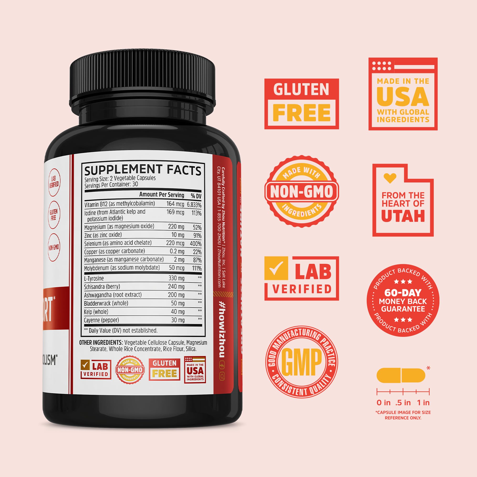ZHOU Thyroid Support – gelules végétariennes en gros plan.