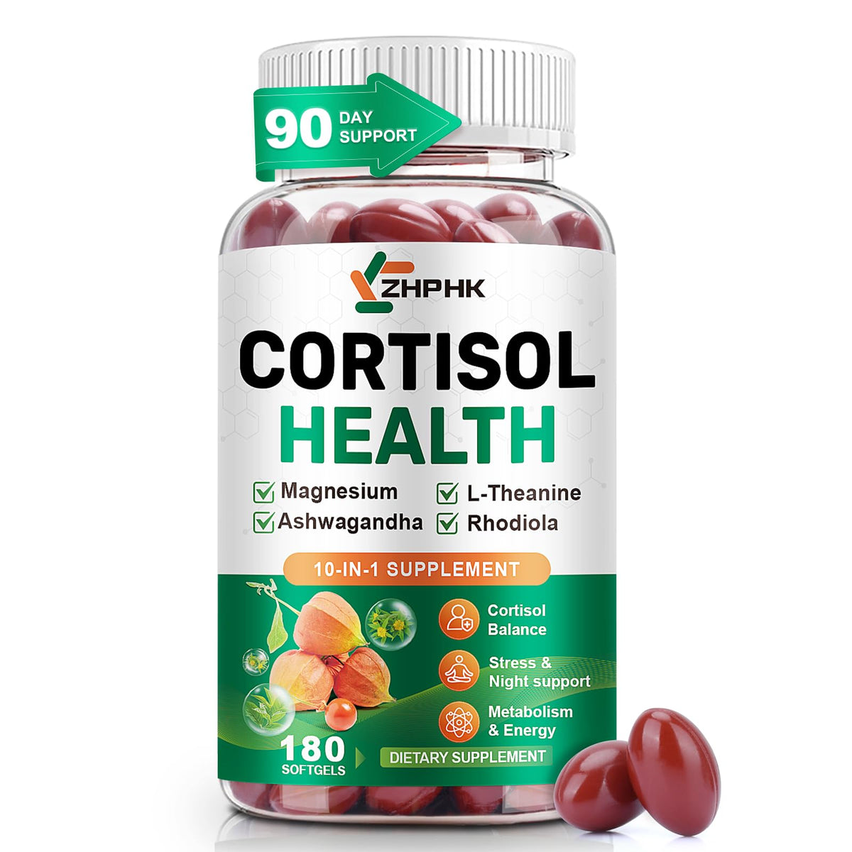Gélules molles ZHPHK Cortisol dans une bouteille, soutien potentiel de l'équilibre nerveux.