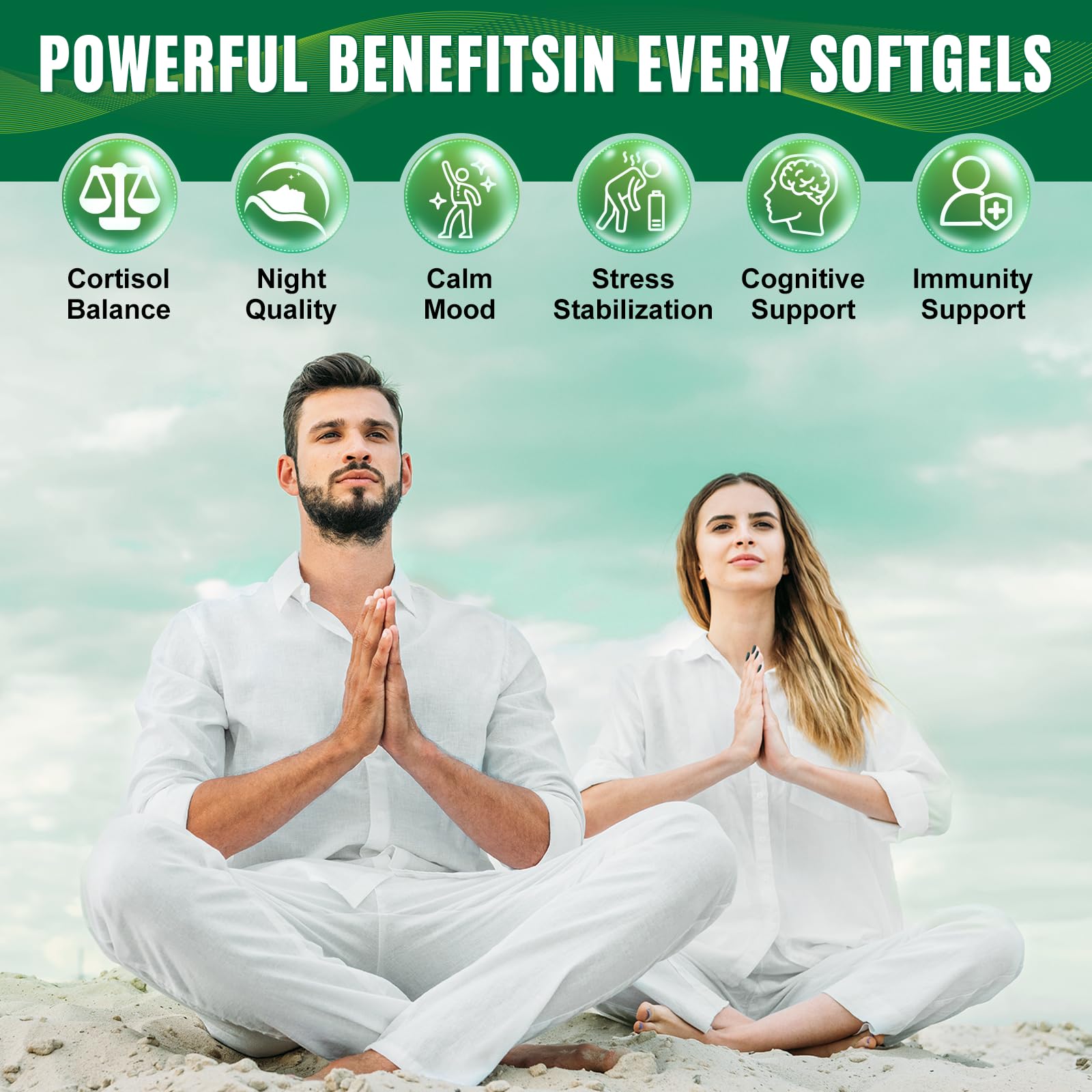 Gélules molles ZHPHK Cortisol sur fond blanc pour relaxer l’esprit et la concentration.