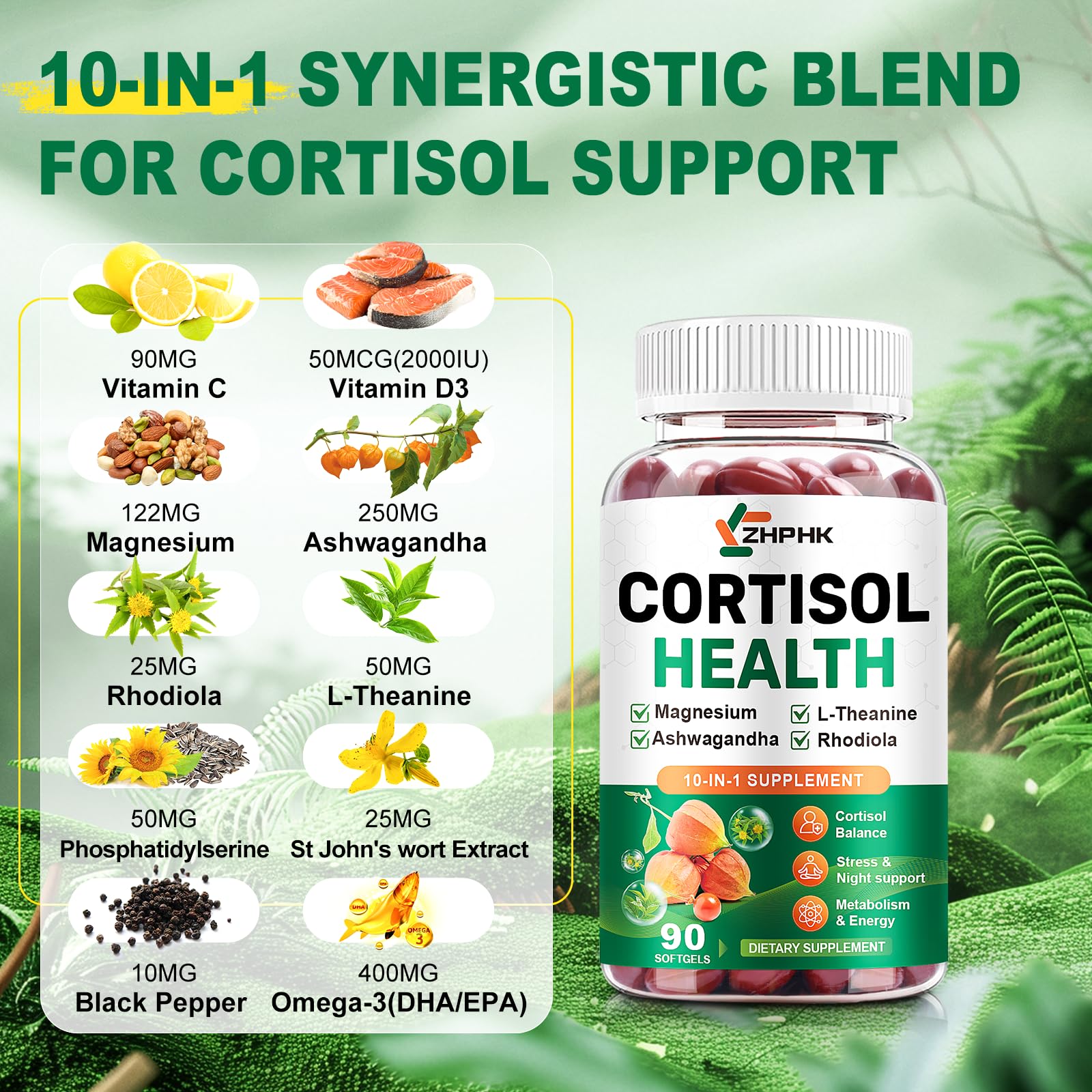 Étiquette du flacon ZHPHK Cortisol, détails des ingrédients naturels et leurs effets.