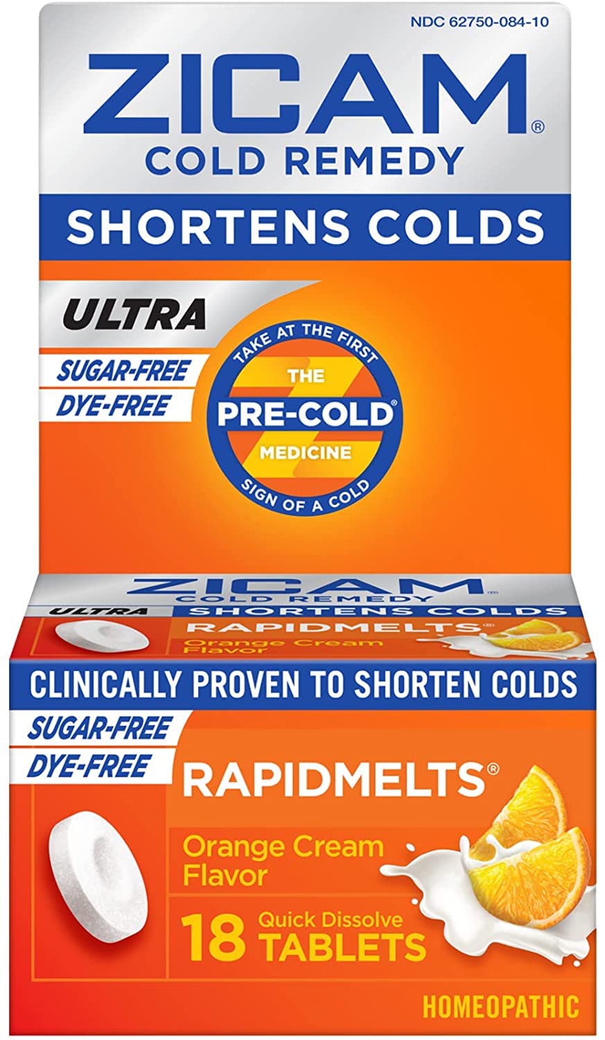Zicam tablettes pratiques en déplacement, format pack orange crème.