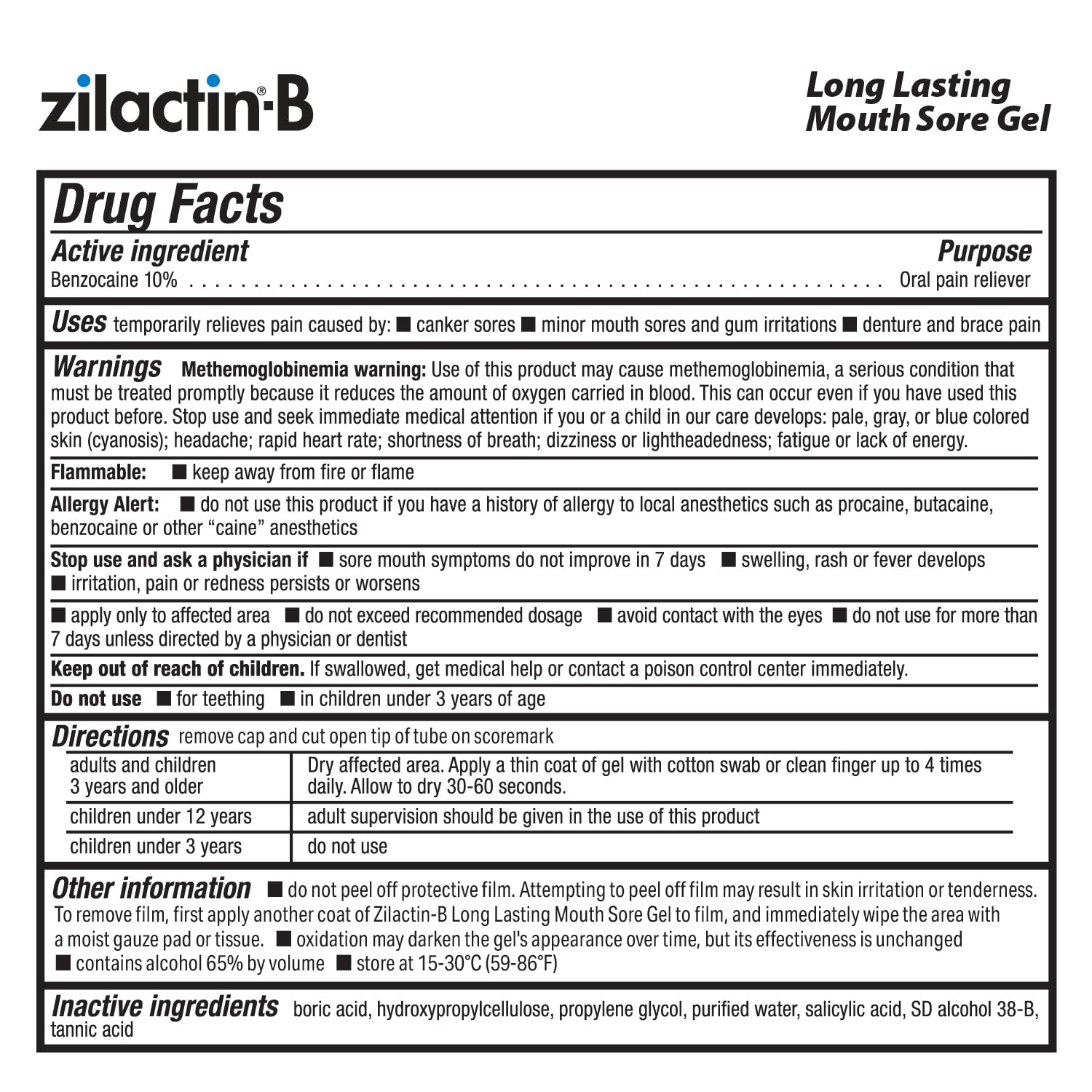 Soin buccal polyvalent Zilactin-B pour aphtes et irritations.