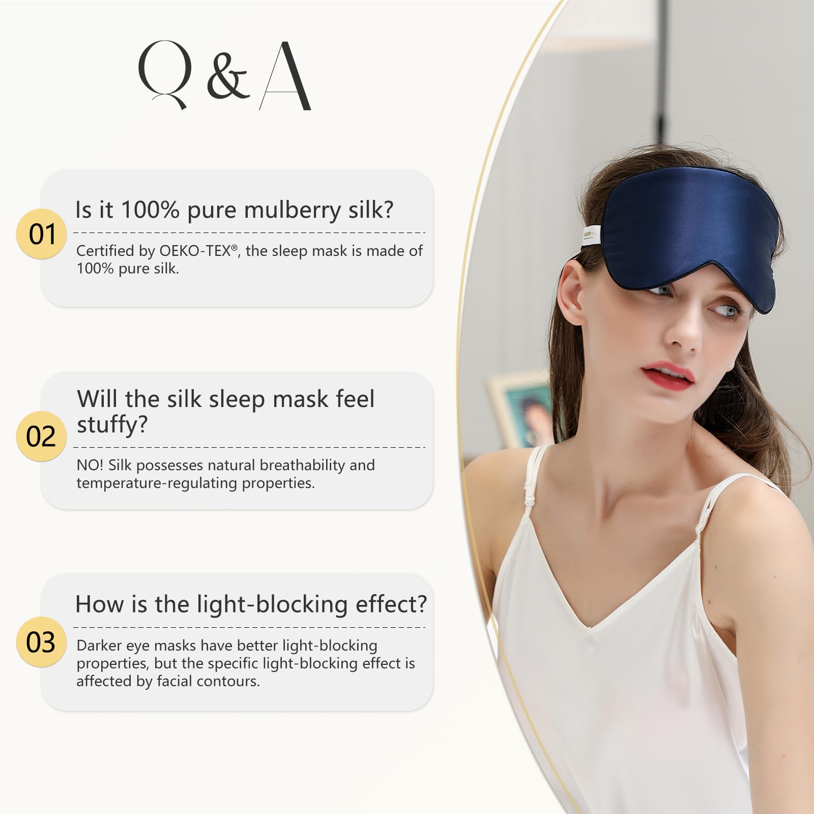 Masque ZIMASILK bleu nuit, léger et élégant pour des nuits reposantes.