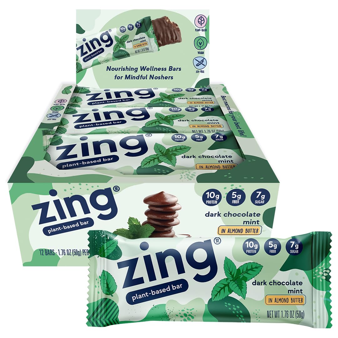 Barre Zing Dark Chocolate Mint prête a deguster avec chocolat noir et menthe rafraichissante.