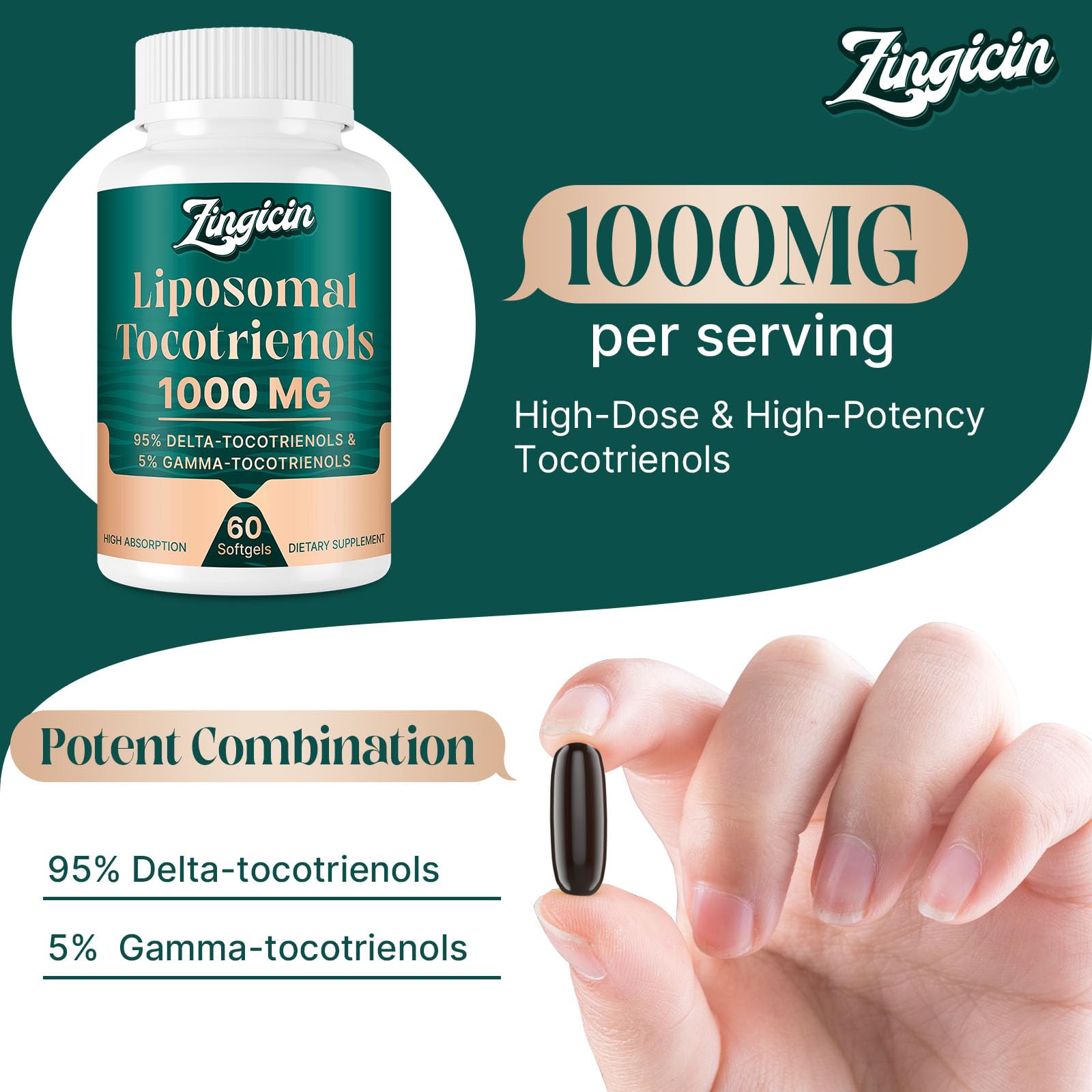 Zingicin tocotrienols capsules liposomales - gélules faciles à avaler avec biodisponibilité potentielle.