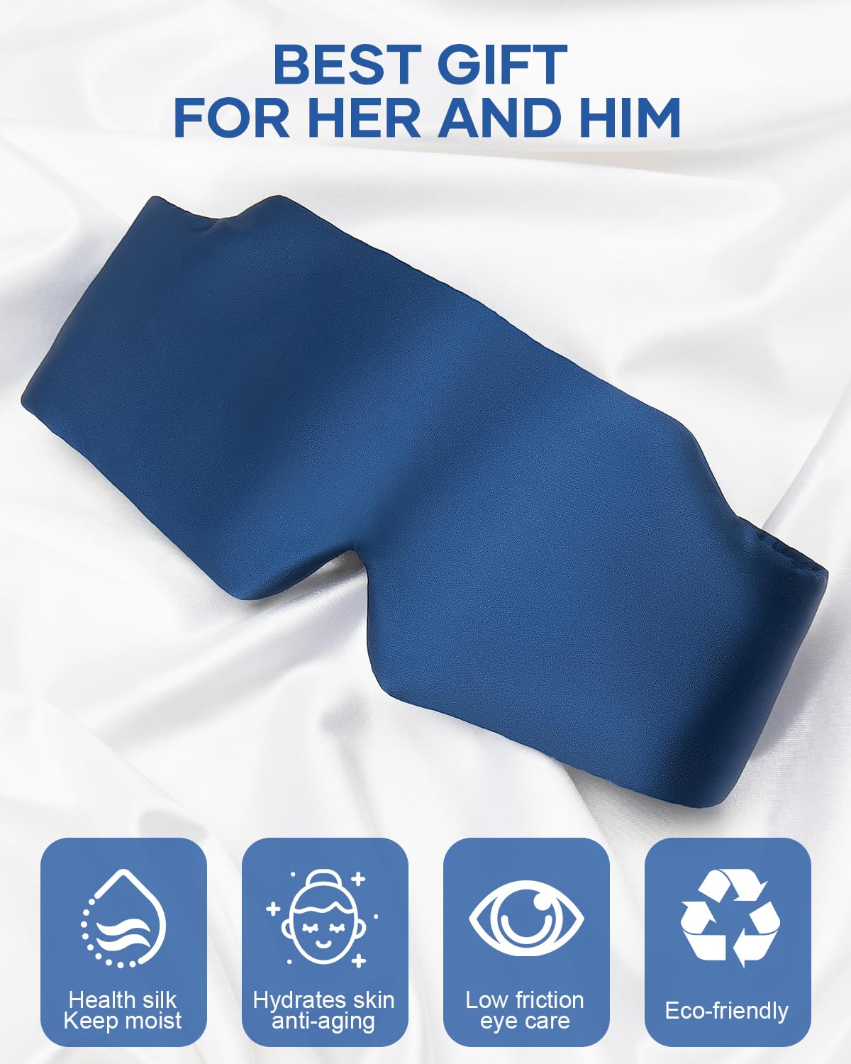 Masque zinpaza en soie avec bande reglable bleu nuit pour ajustement personnalisé.