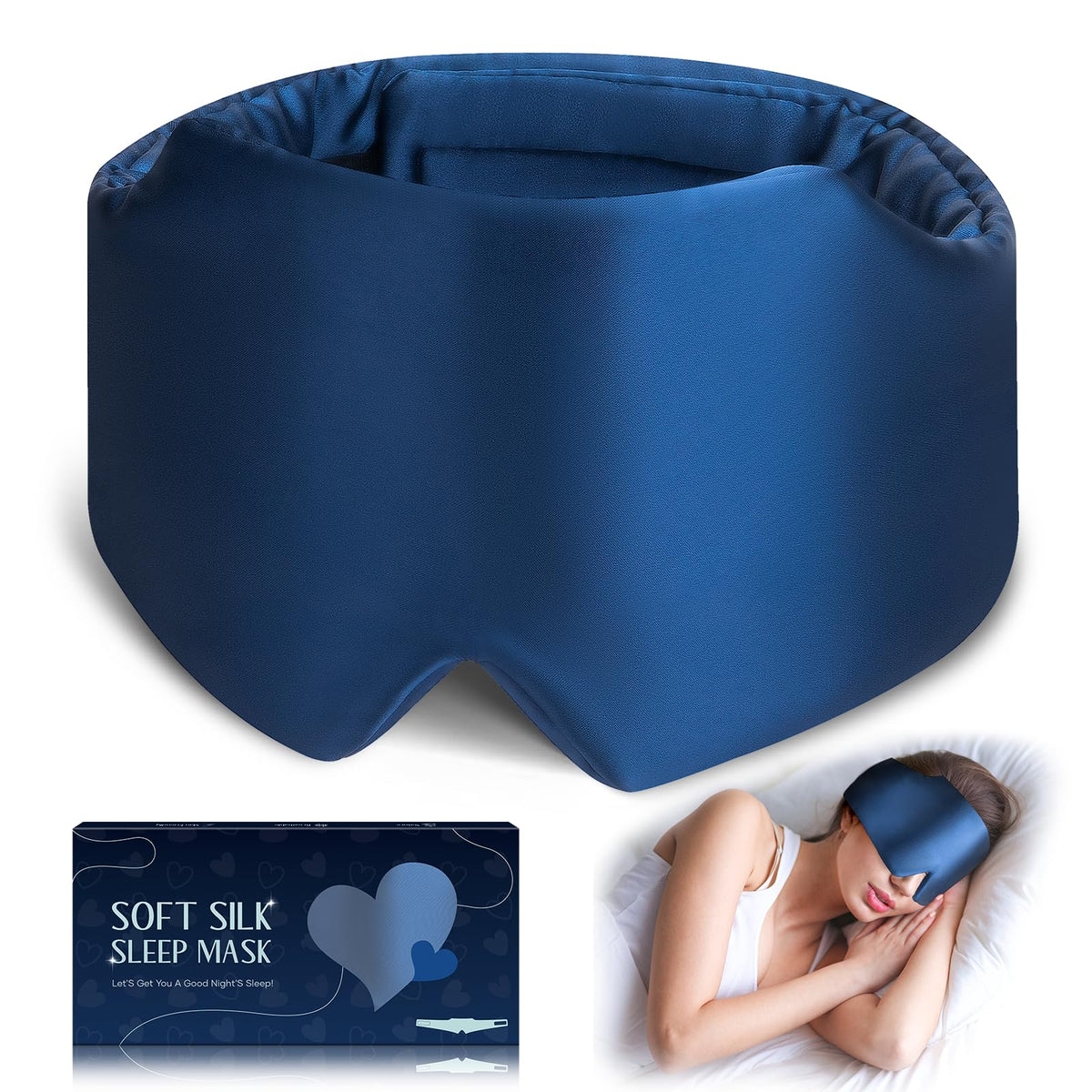 Masque zinpaza en soie grand format bleu nuit favorisant le repos et l'obscurité.