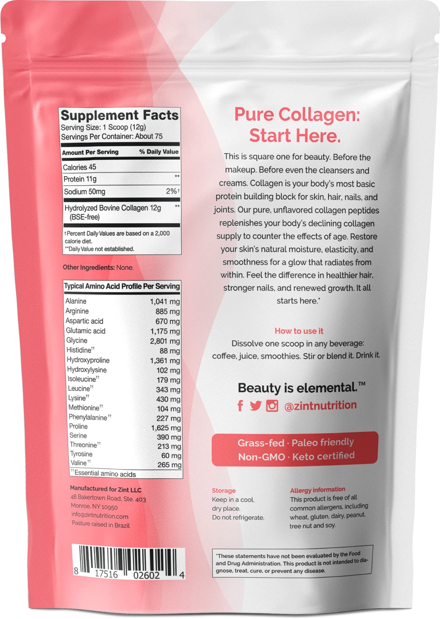 Zint Collagène Peptides — riche en glycine, proline et hydroxyproline